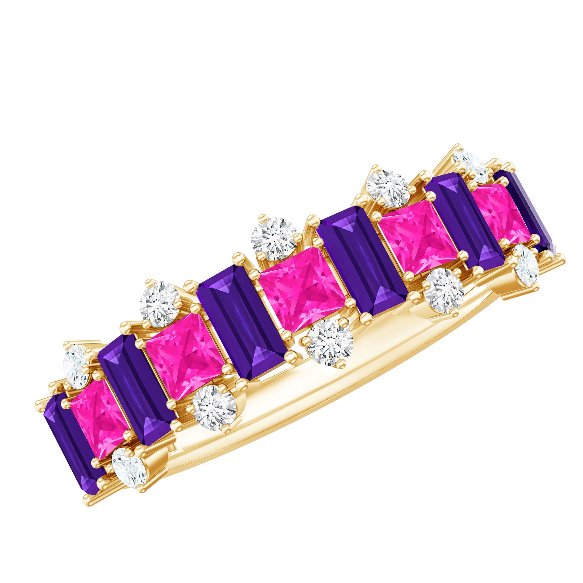 Lab Created Pink Sapphire and Amethyst Half Eternity Band with Diamond AAAA - Rosec Jewels