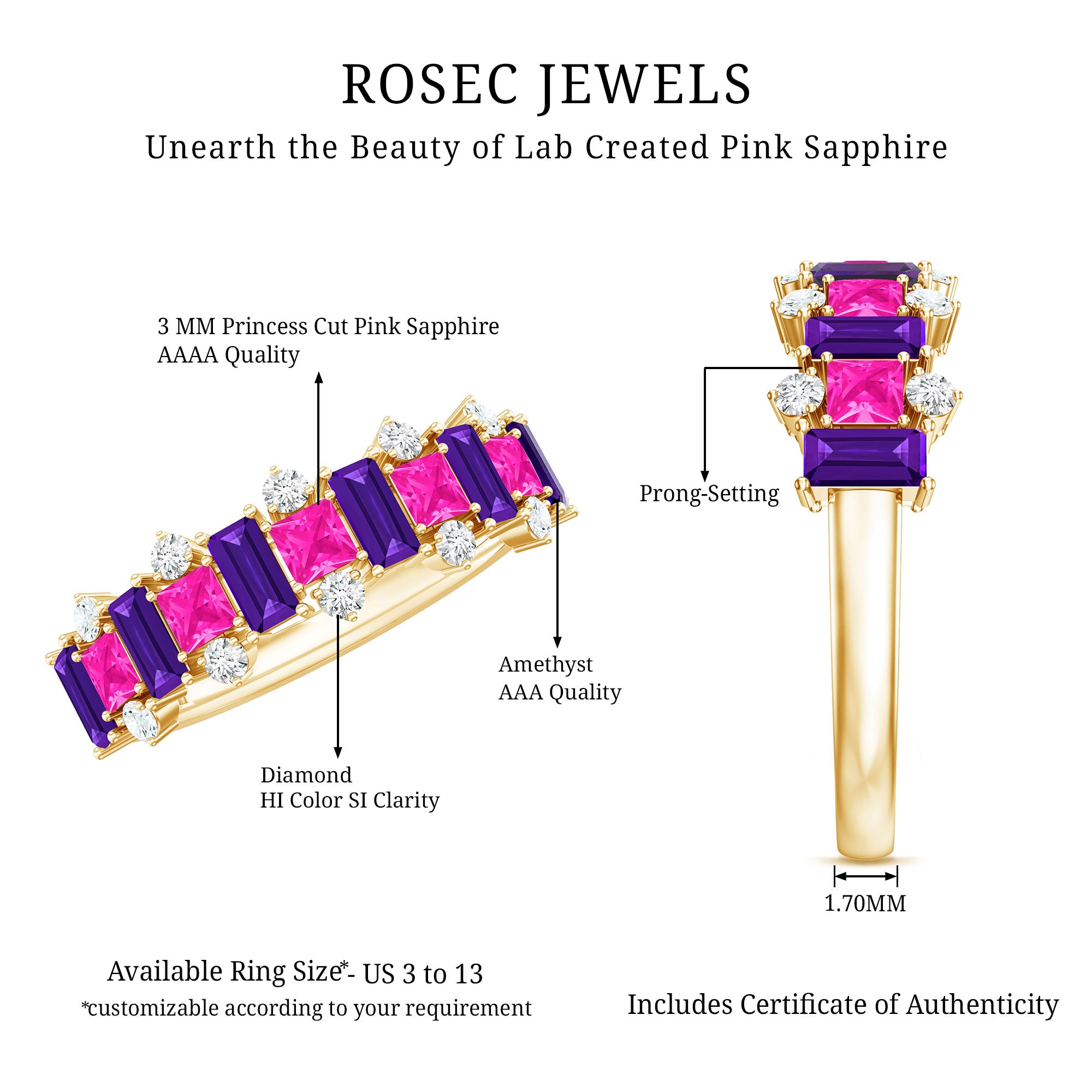Lab Created Pink Sapphire and Amethyst Half Eternity Band with Diamond AAAA - Rosec Jewels