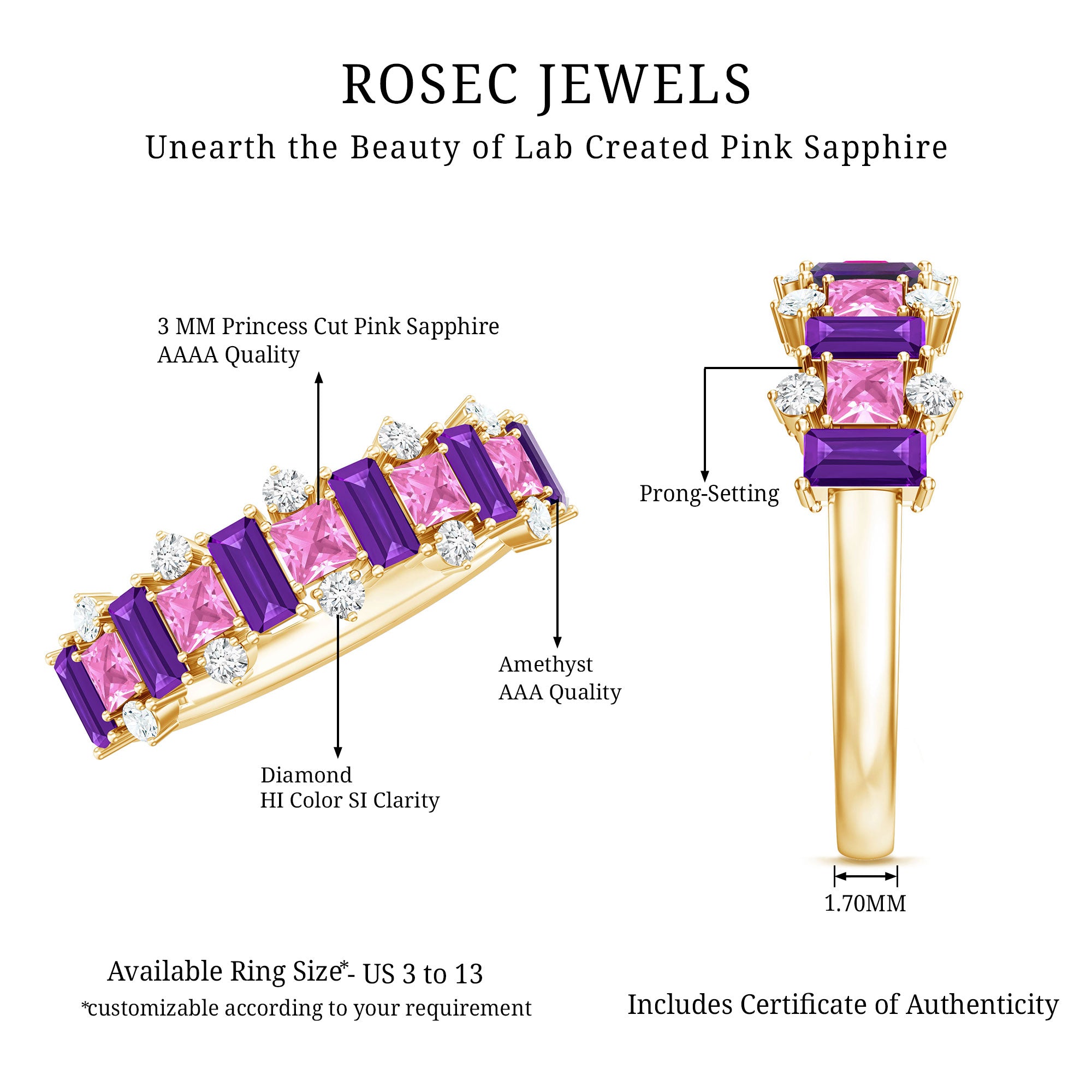 Lab Created Pink Sapphire and Amethyst Half Eternity Band with Diamond AAAA - Rosec Jewels