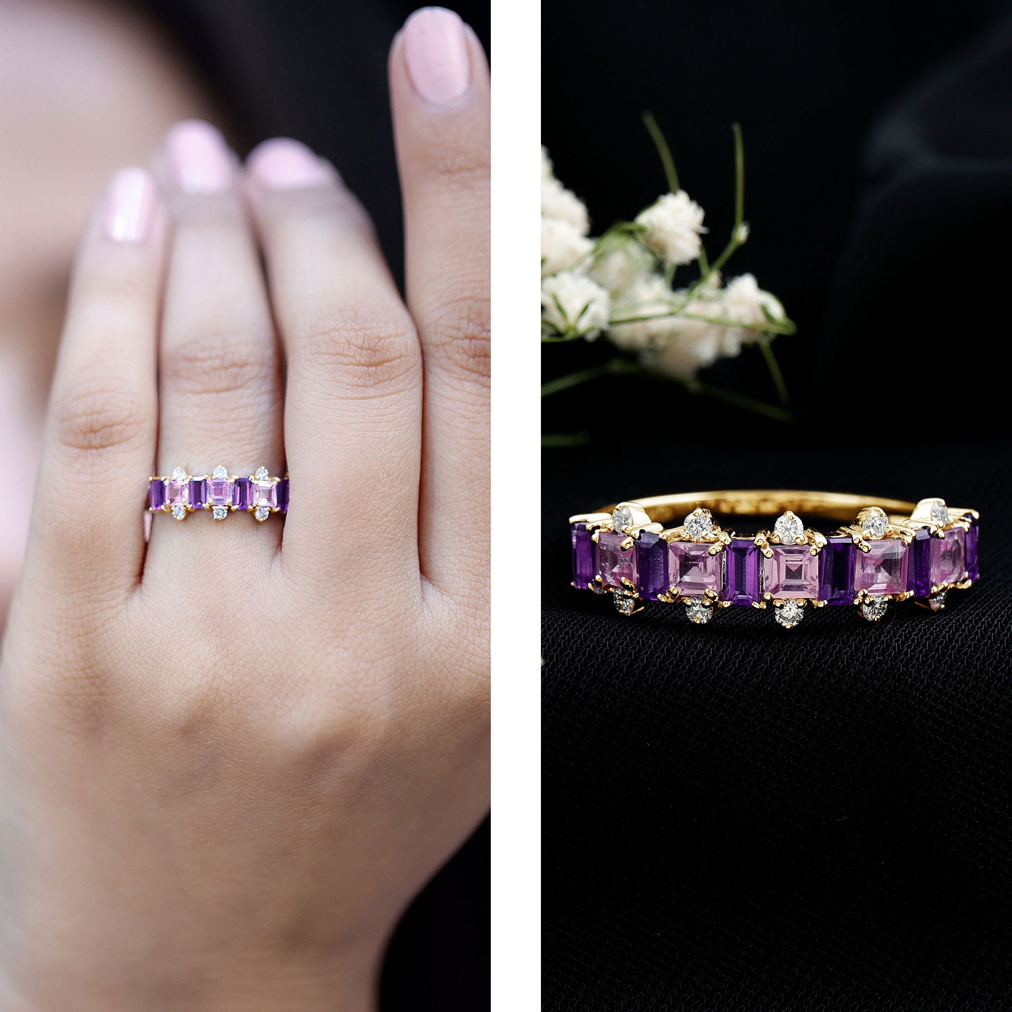 Lab Created Pink Sapphire and Amethyst Half Eternity Band with Diamond AAAA - Rosec Jewels