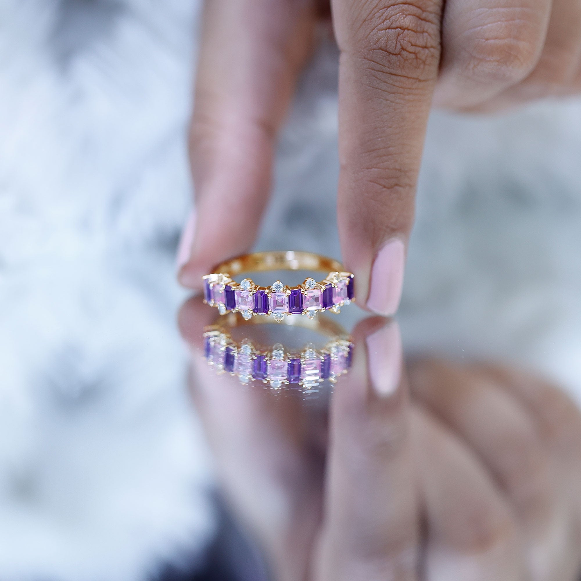 Lab Created Pink Sapphire and Amethyst Half Eternity Band with Diamond AAAA - Rosec Jewels