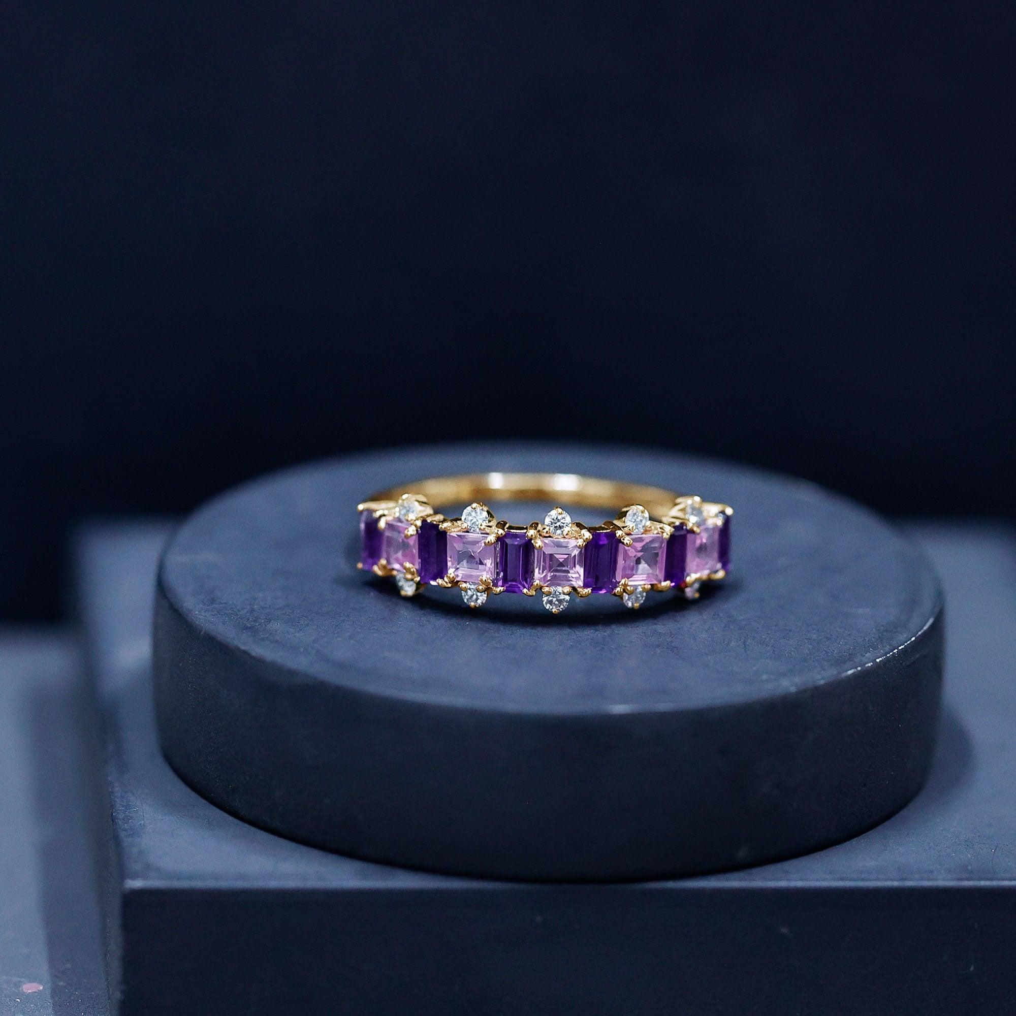 Lab Created Pink Sapphire and Amethyst Half Eternity Band with Diamond AAAA - Rosec Jewels