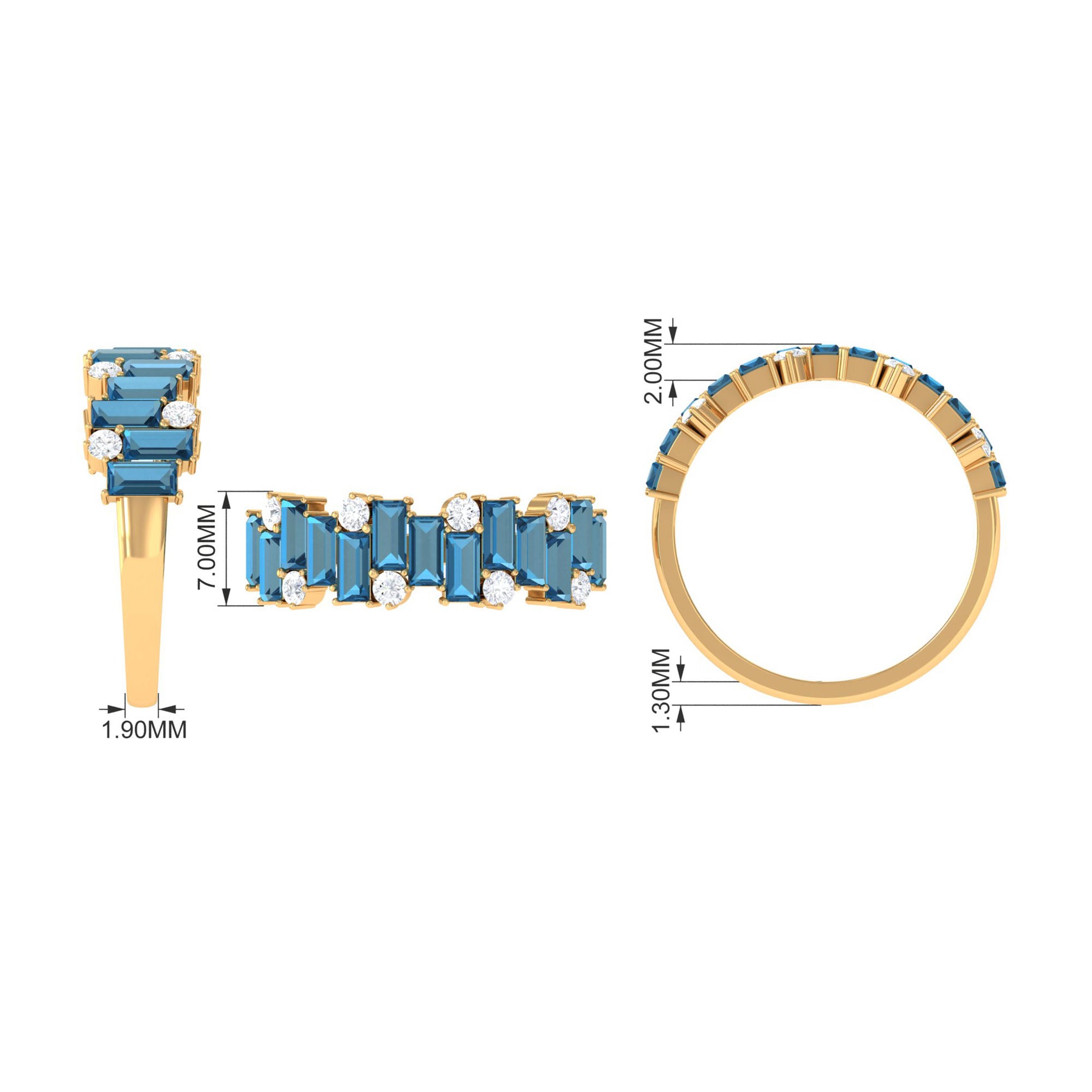 Baguette London Blue Topaz Uneven Eternity Ring with Diamond AAA - Rosec Jewels