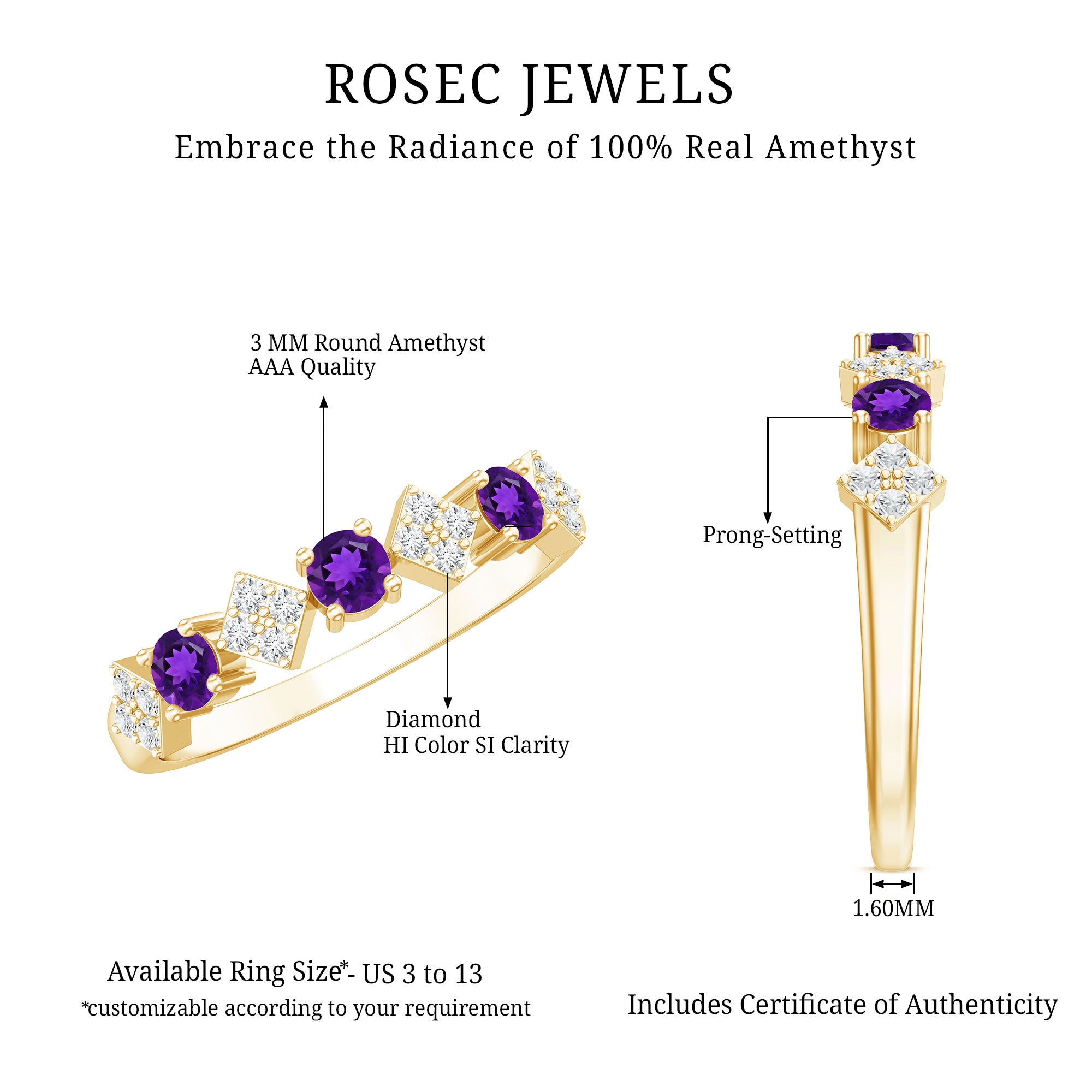 Rosec Jewels-Real Amethyst Half Eternity Ring with Diamond for Women