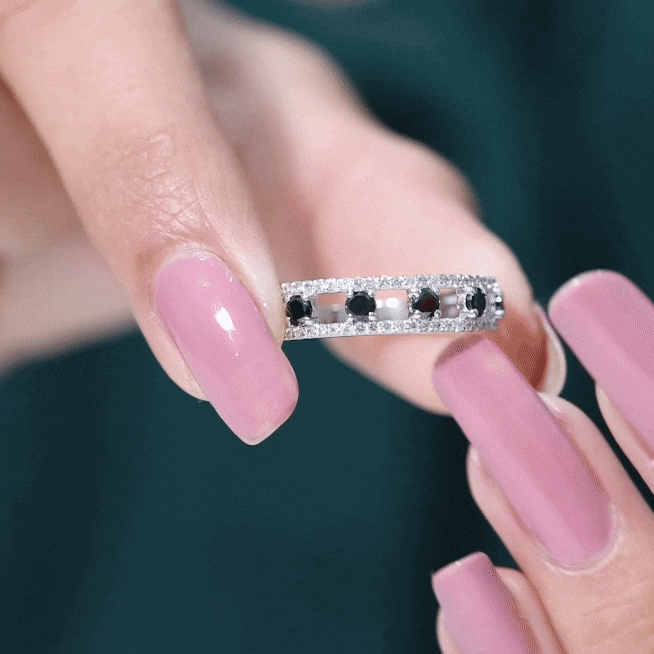 Round Cut Black Onyx and Diamond Half Eternity Band Ring AAA - Rosec Jewels