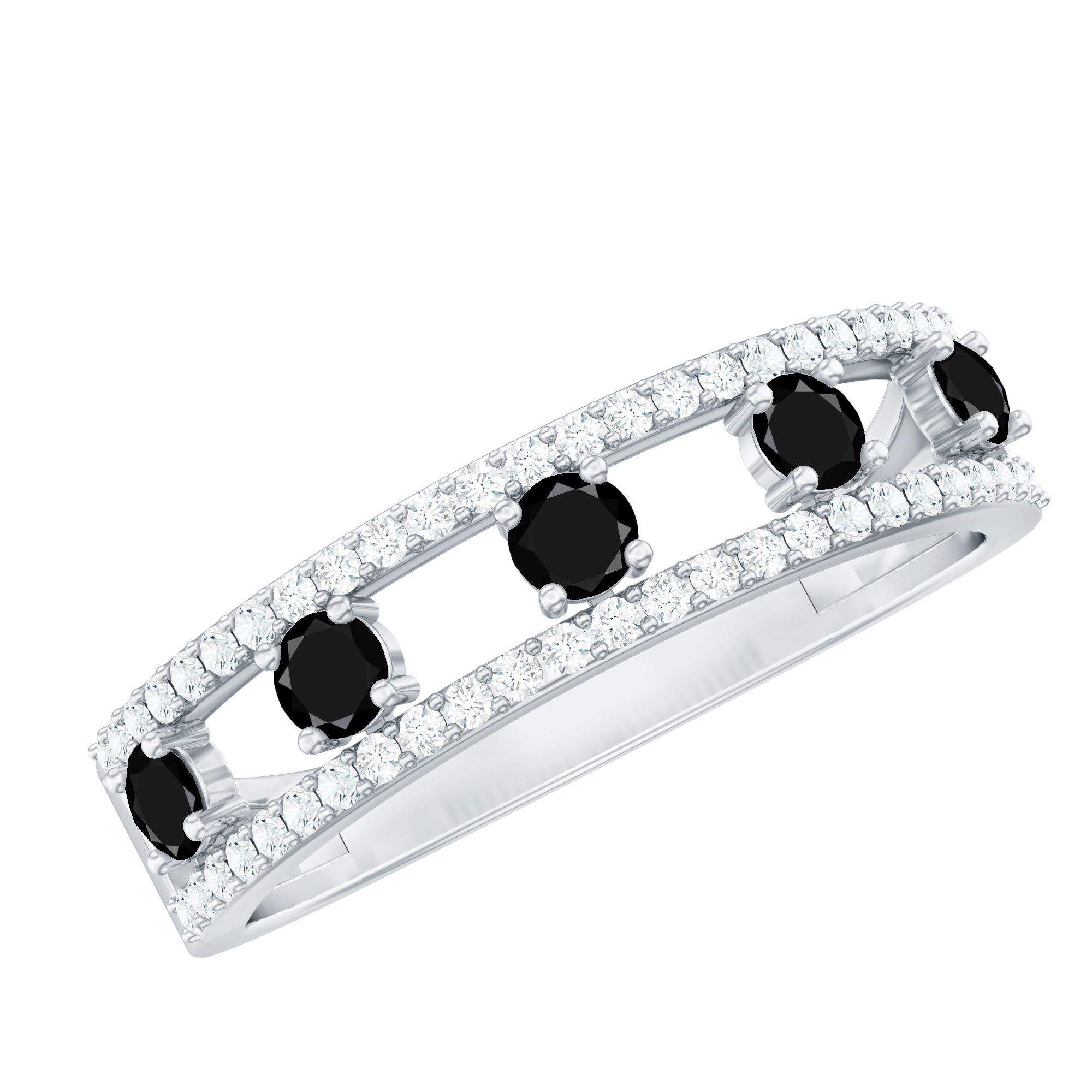 Round Cut Black Onyx and Diamond Half Eternity Band Ring AAA - Rosec Jewels