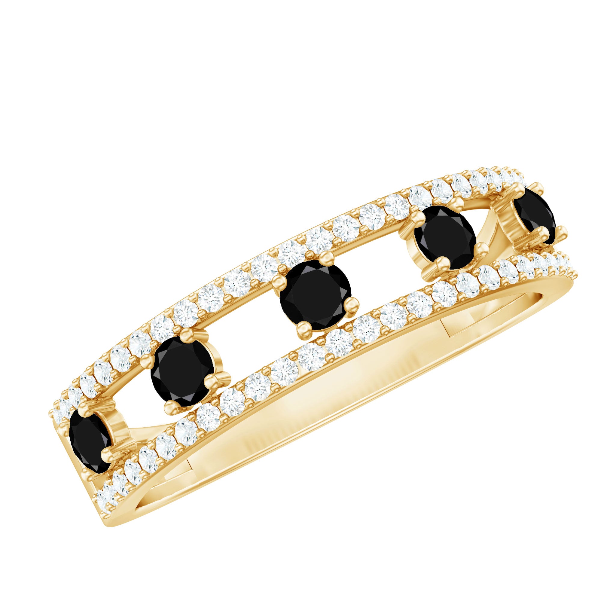 Round Cut Black Onyx and Diamond Half Eternity Band Ring AAA - Rosec Jewels