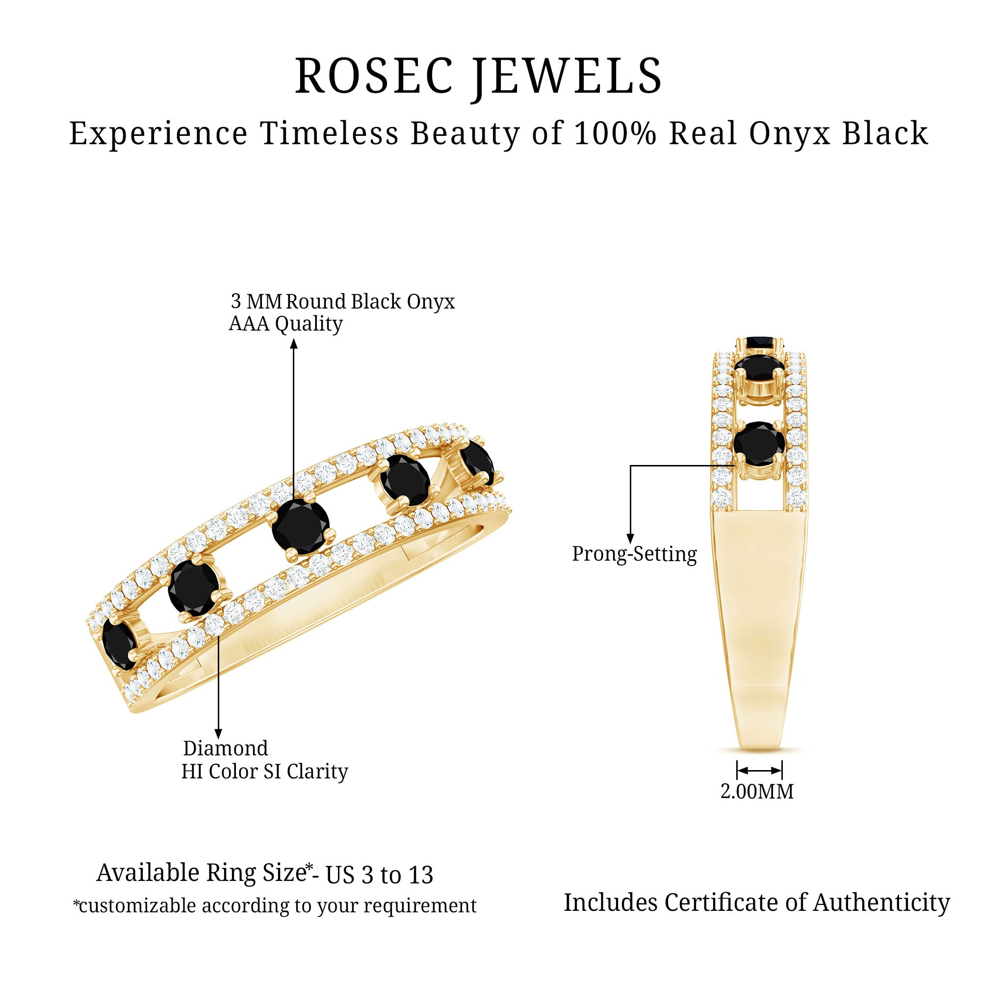 Round Cut Black Onyx and Diamond Half Eternity Band Ring AAA - Rosec Jewels