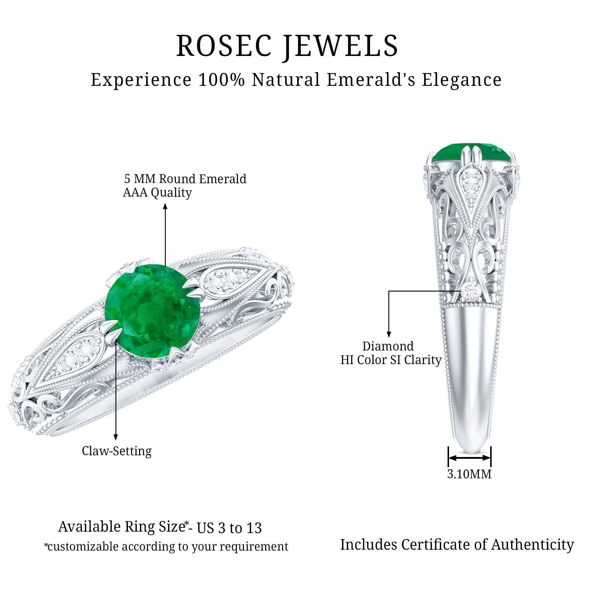 Rosec Jewels-Natural Emerald Diamond Antique Looking Engagement Ring