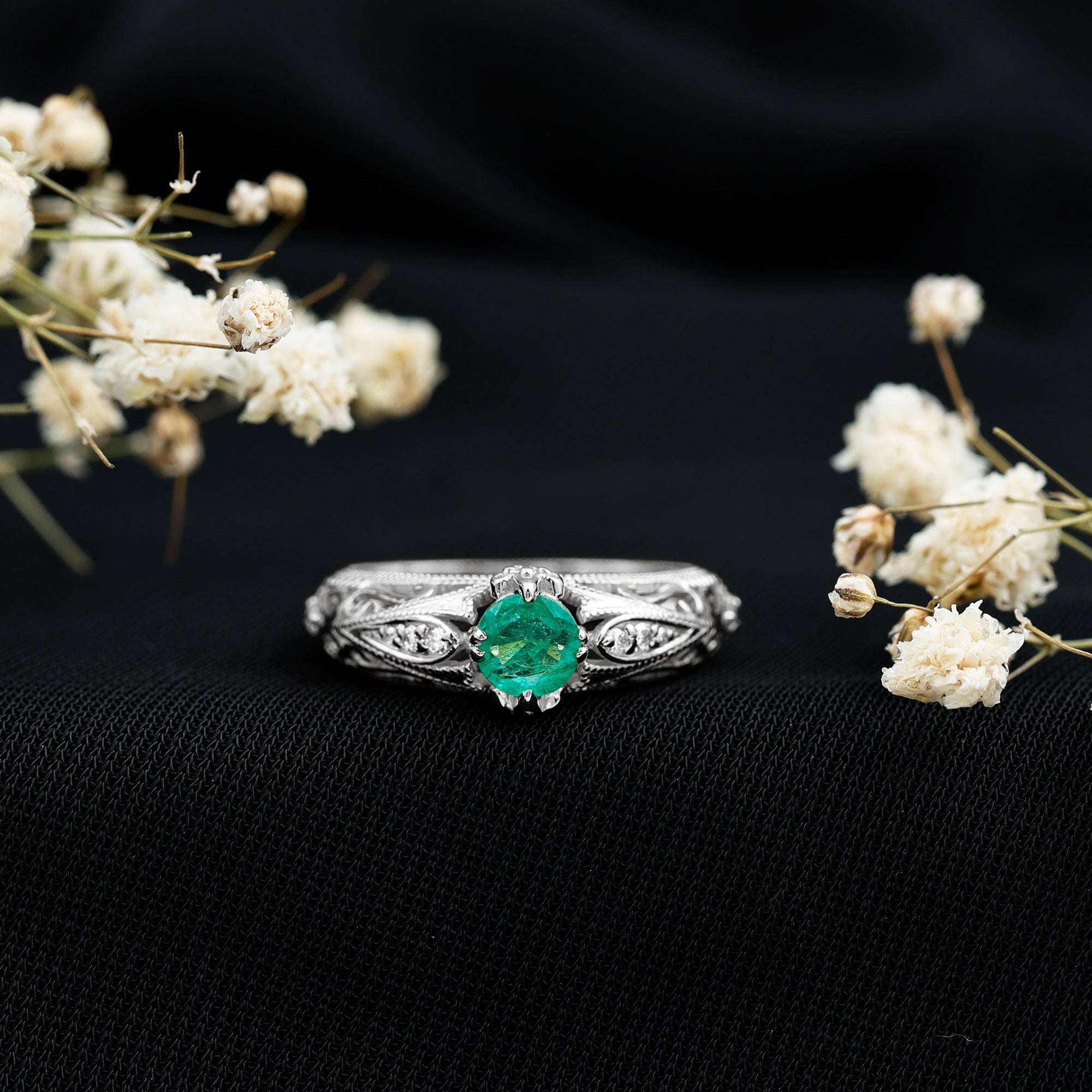 Rosec Jewels-Natural Emerald Diamond Antique Looking Engagement Ring