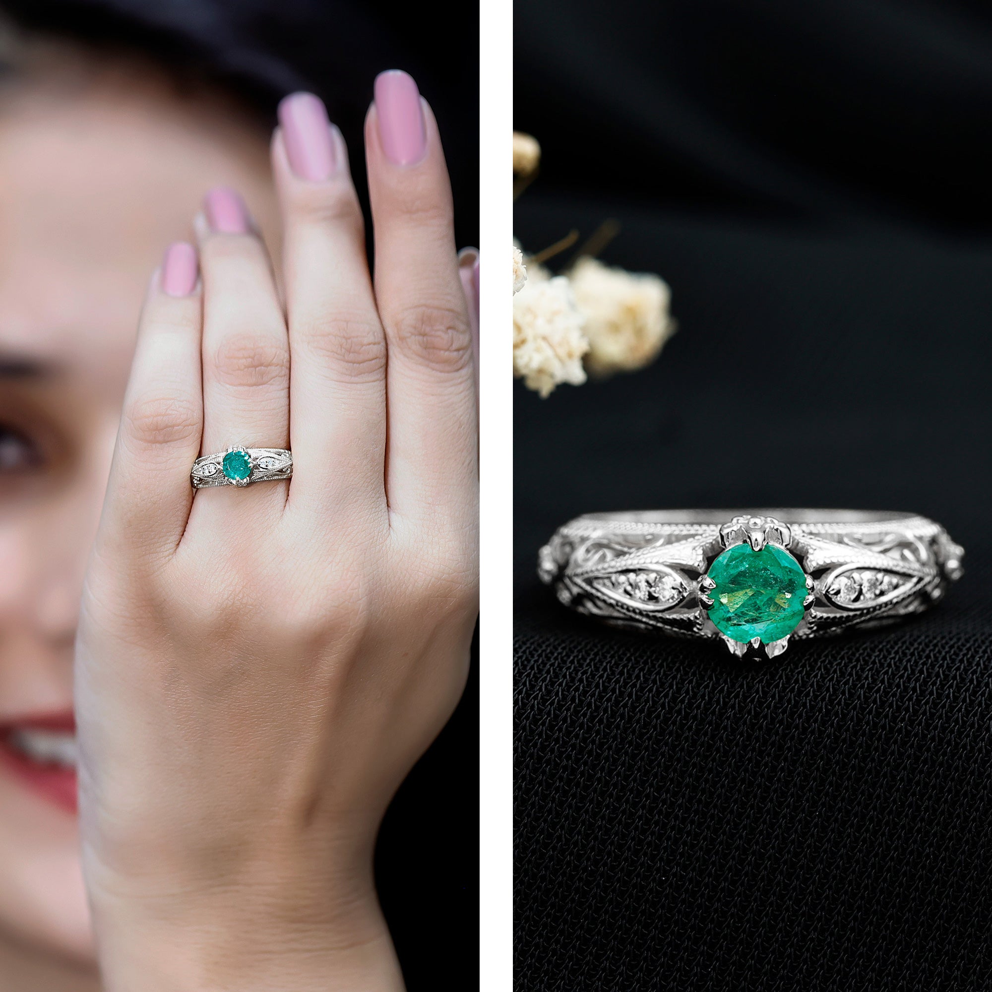 Rosec Jewels-Natural Emerald Diamond Antique Looking Engagement Ring