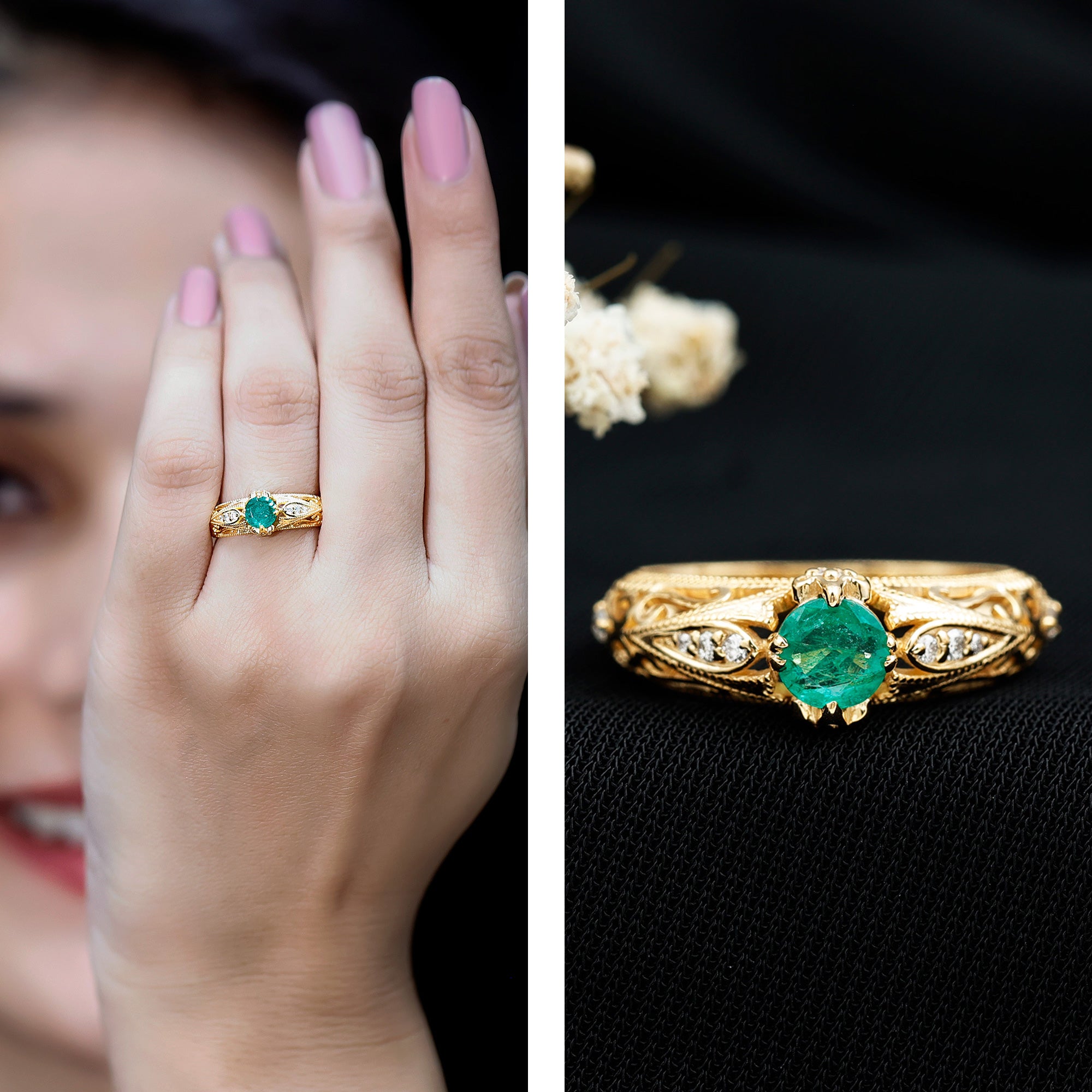 Rosec Jewels-Natural Emerald Diamond Antique Looking Engagement Ring