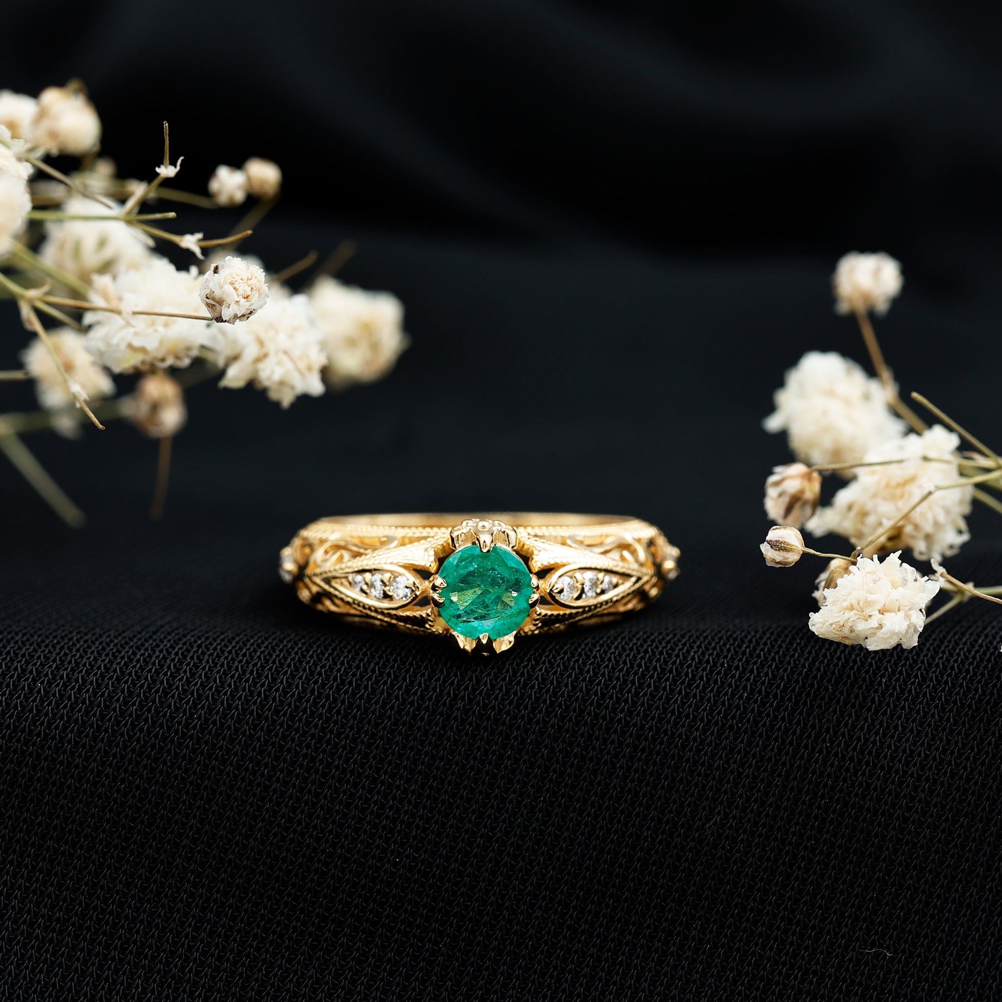 Rosec Jewels-Natural Emerald Diamond Antique Looking Engagement Ring