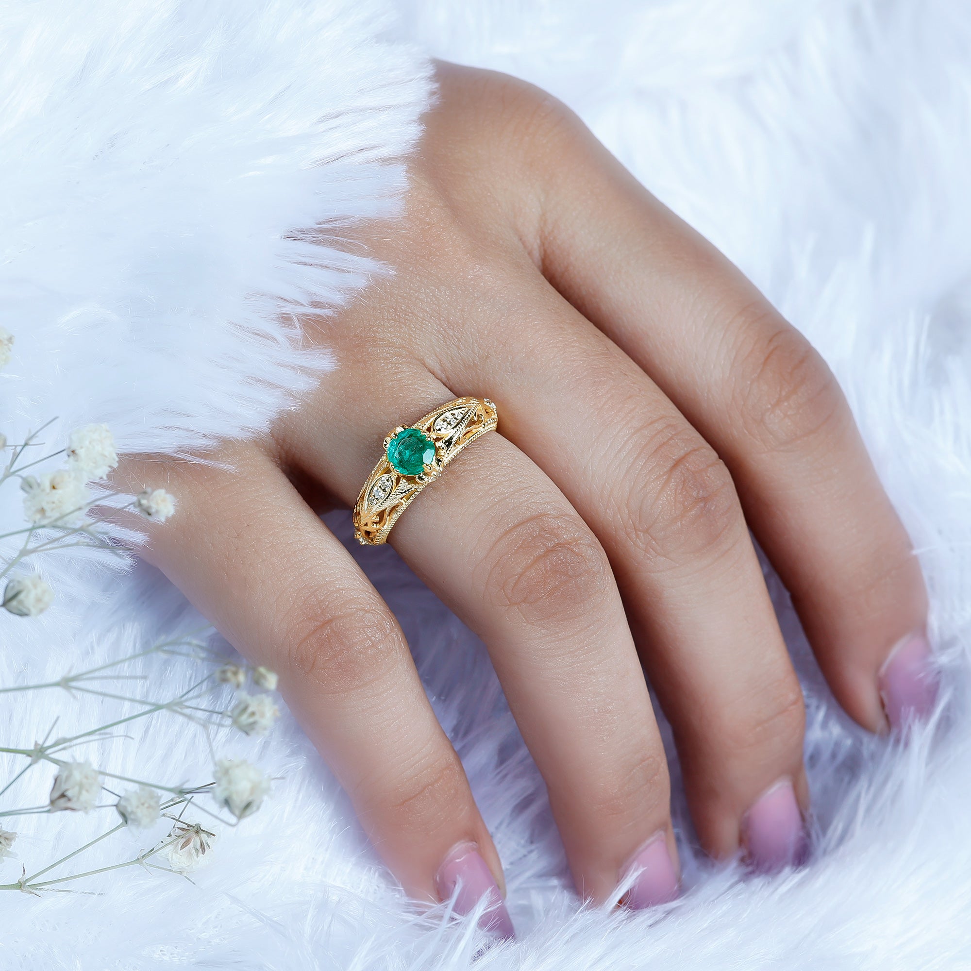 Rosec Jewels-Natural Emerald Diamond Antique Looking Engagement Ring