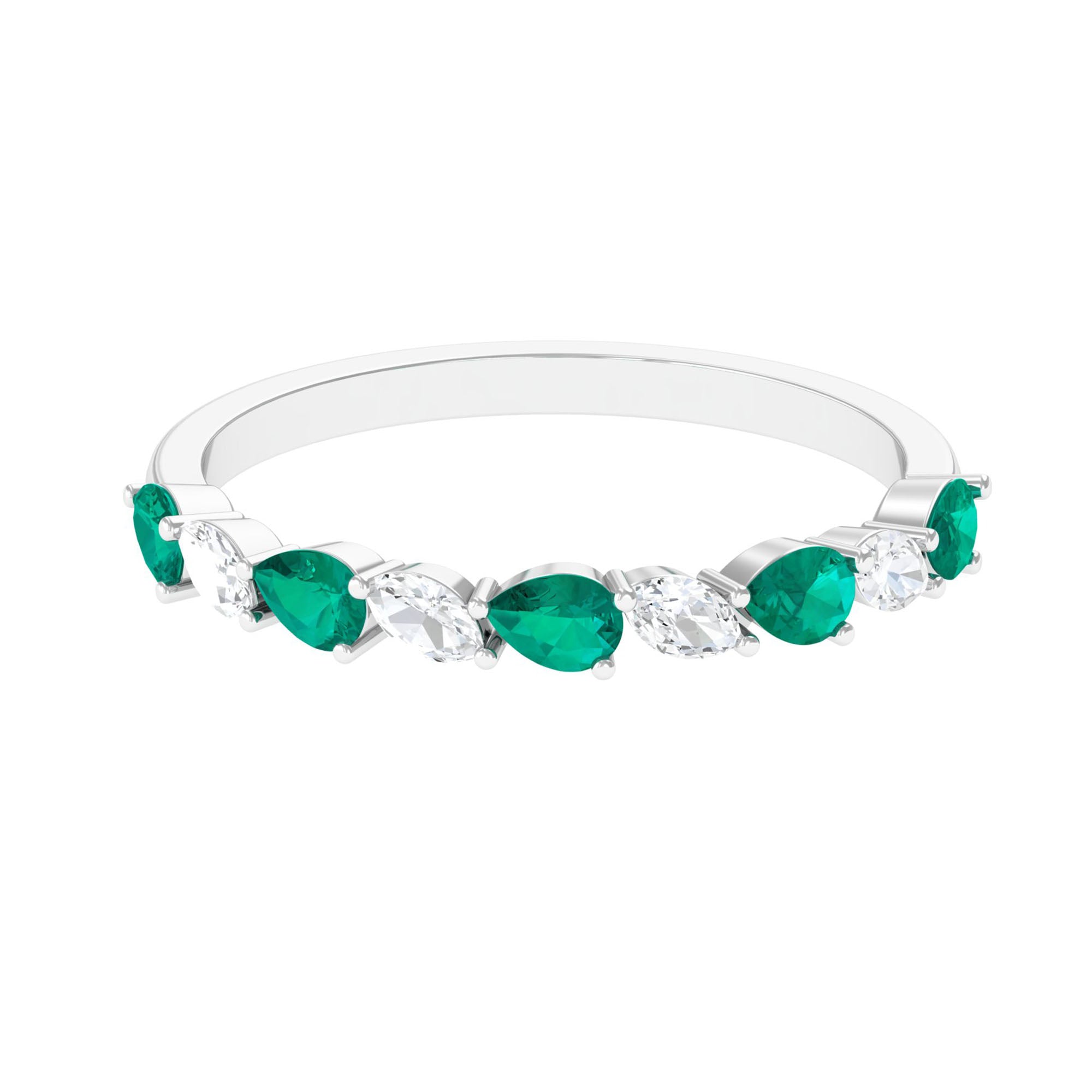 Natural Pear Shape Emerald Half Eternity Ring in East West Style
