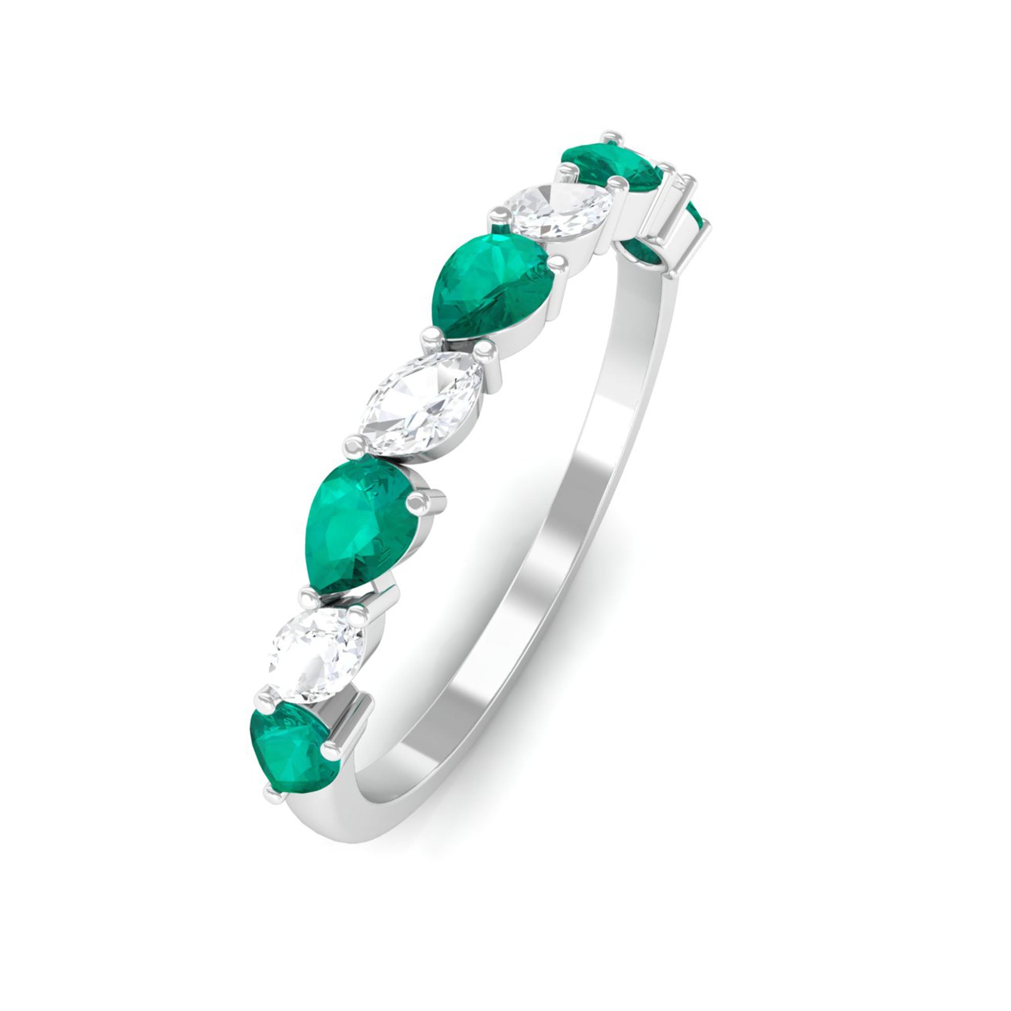 Natural Pear Shape Emerald Half Eternity Ring in East West Style AAA - Rosec Jewels