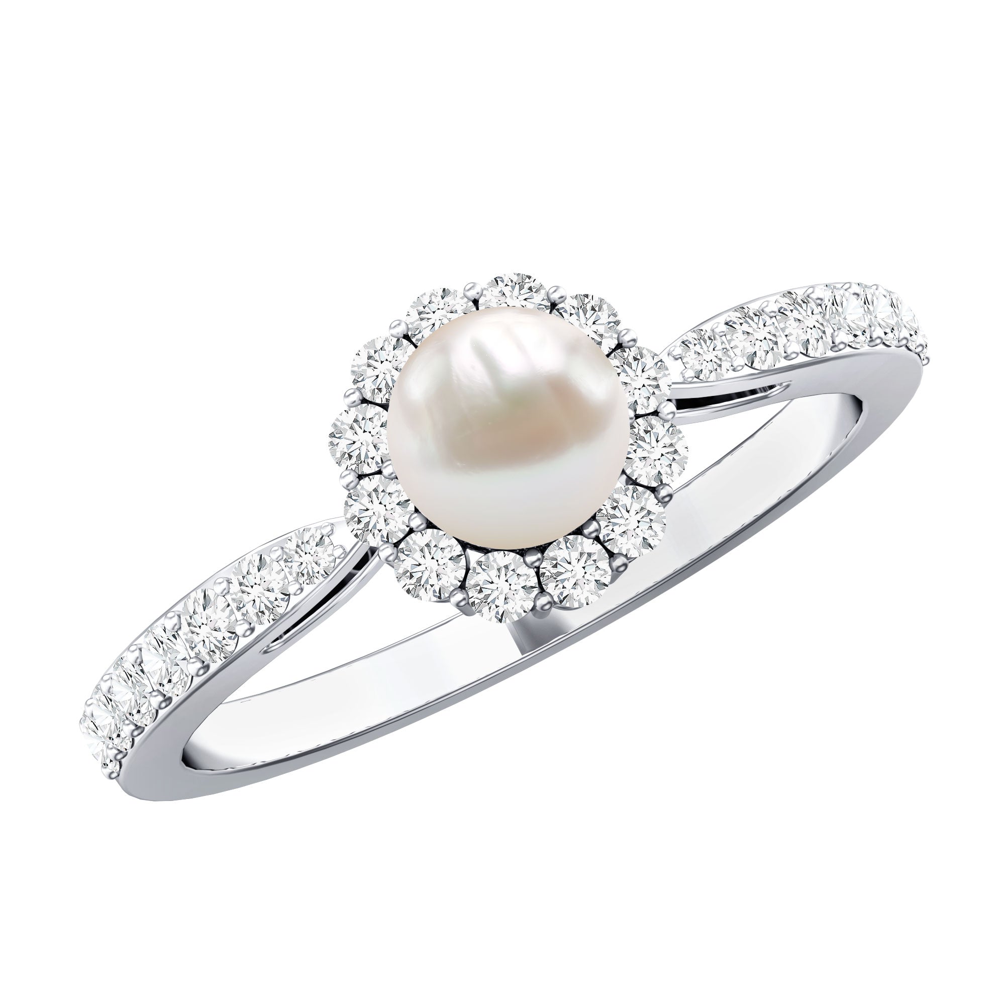 Cultured Freshwater Pearl 2 Carat Engagement Ring with Diamond Halo AAA - Rosec Jewels