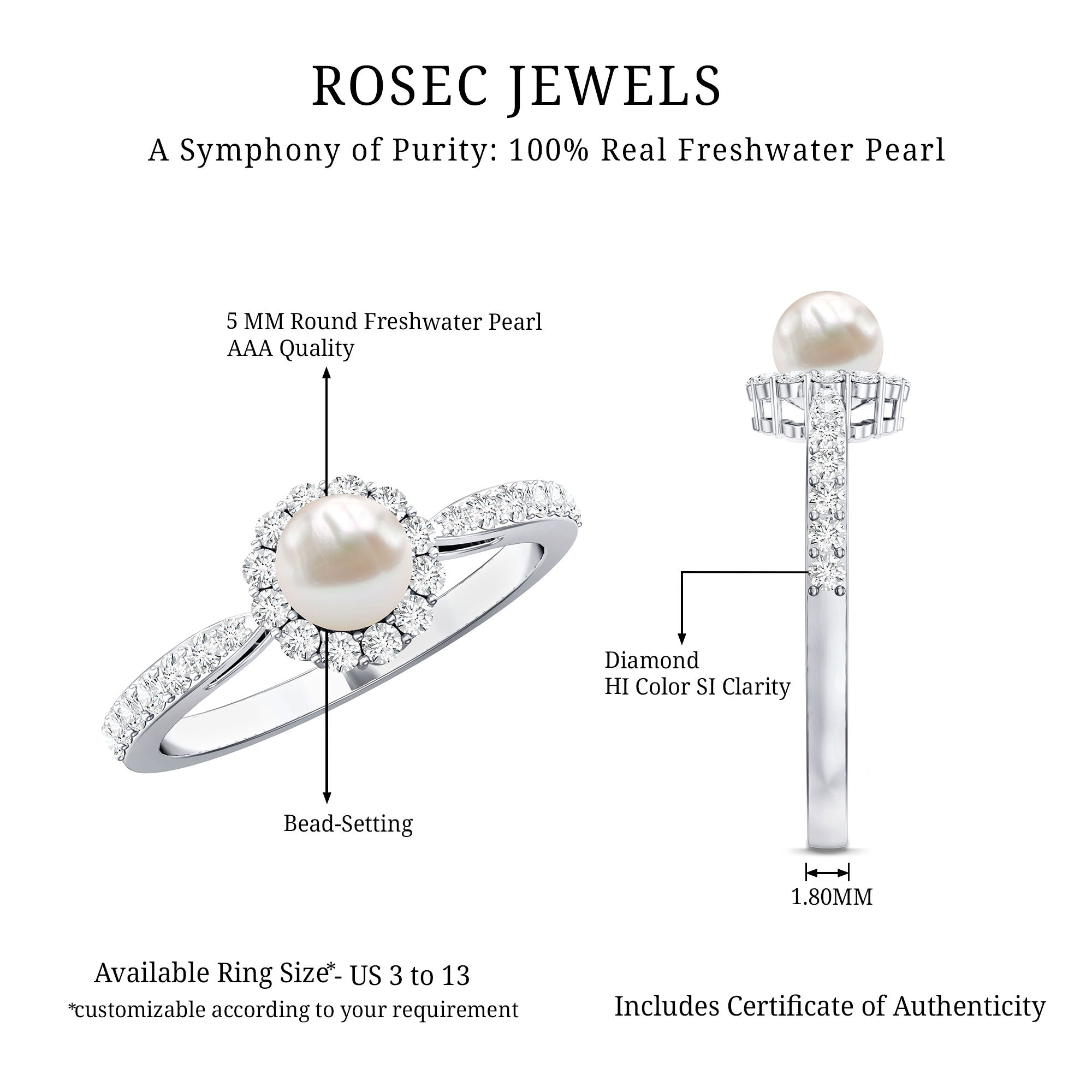 Cultured Freshwater Pearl 2 Carat Engagement Ring with Diamond Halo AAA - Rosec Jewels