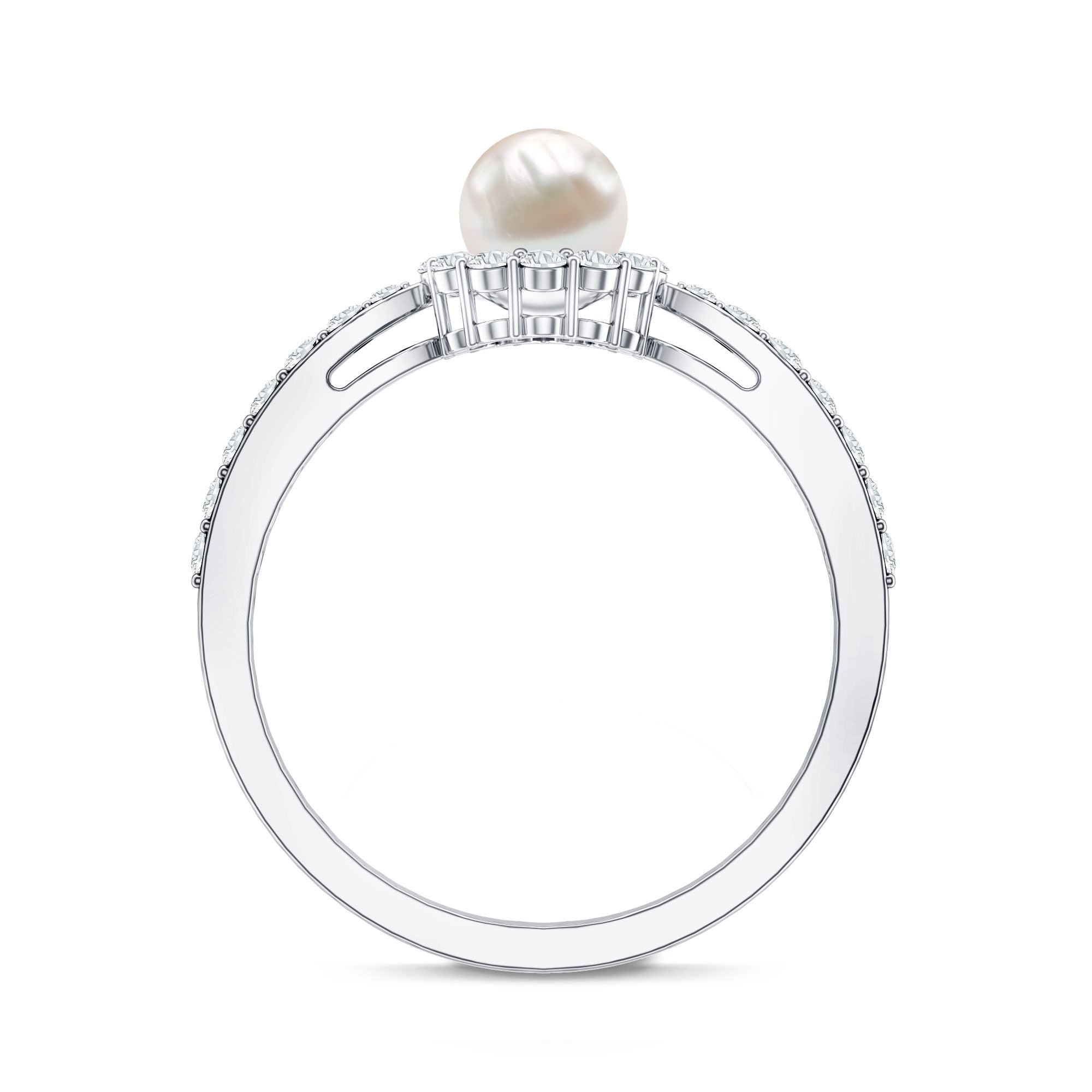 Cultured Freshwater Pearl 2 Carat Engagement Ring with Diamond Halo AAA - Rosec Jewels