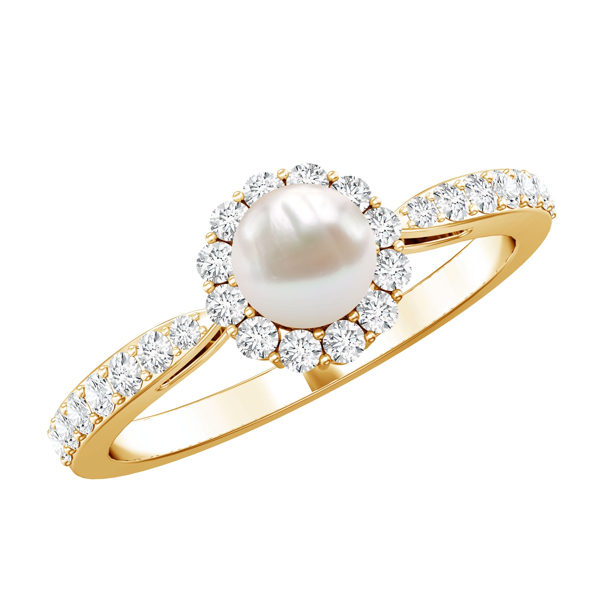 Cultured Freshwater Pearl 2 Carat Engagement Ring with Diamond Halo AAA - Rosec Jewels