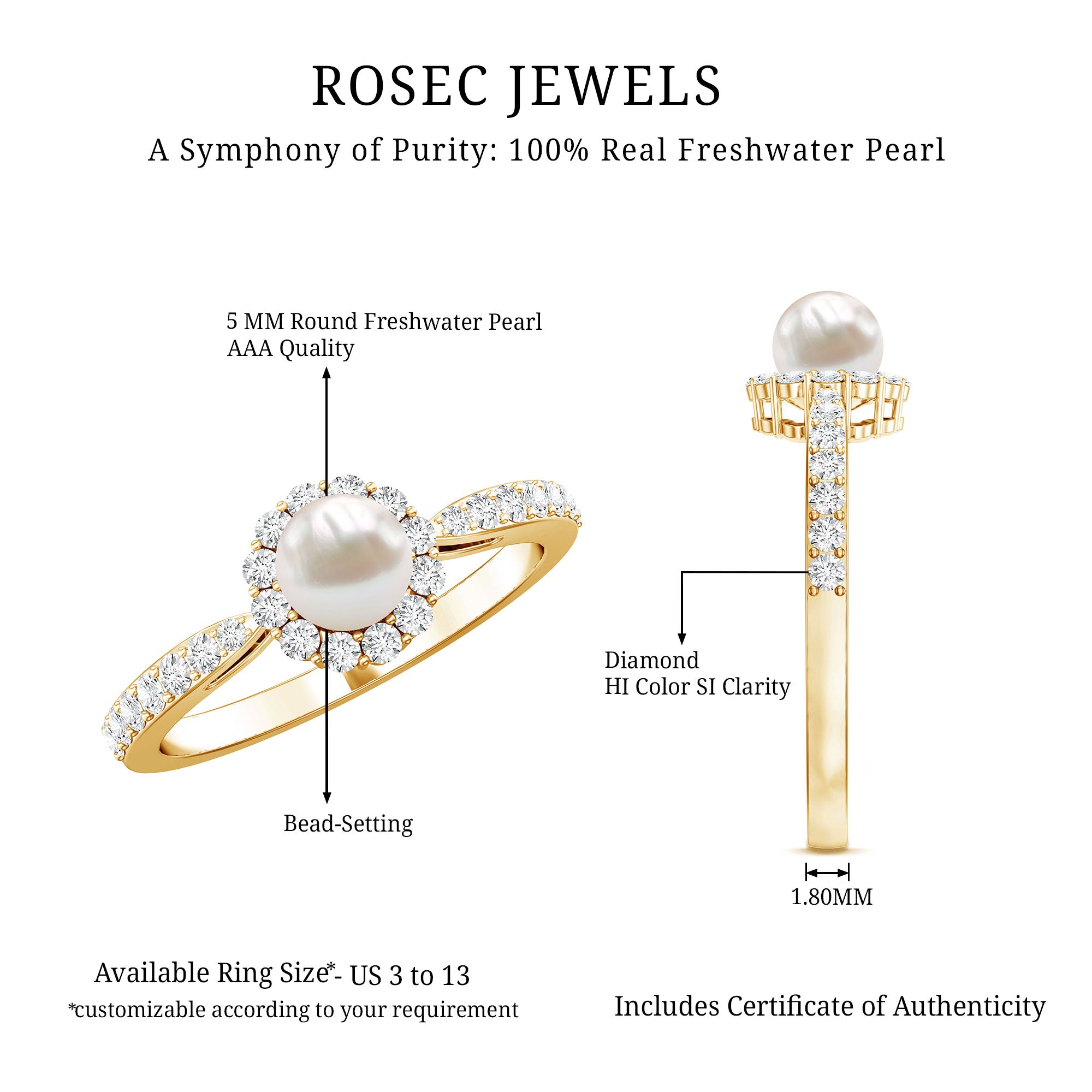 Cultured Freshwater Pearl 2 Carat Engagement Ring with Diamond Halo AAA - Rosec Jewels