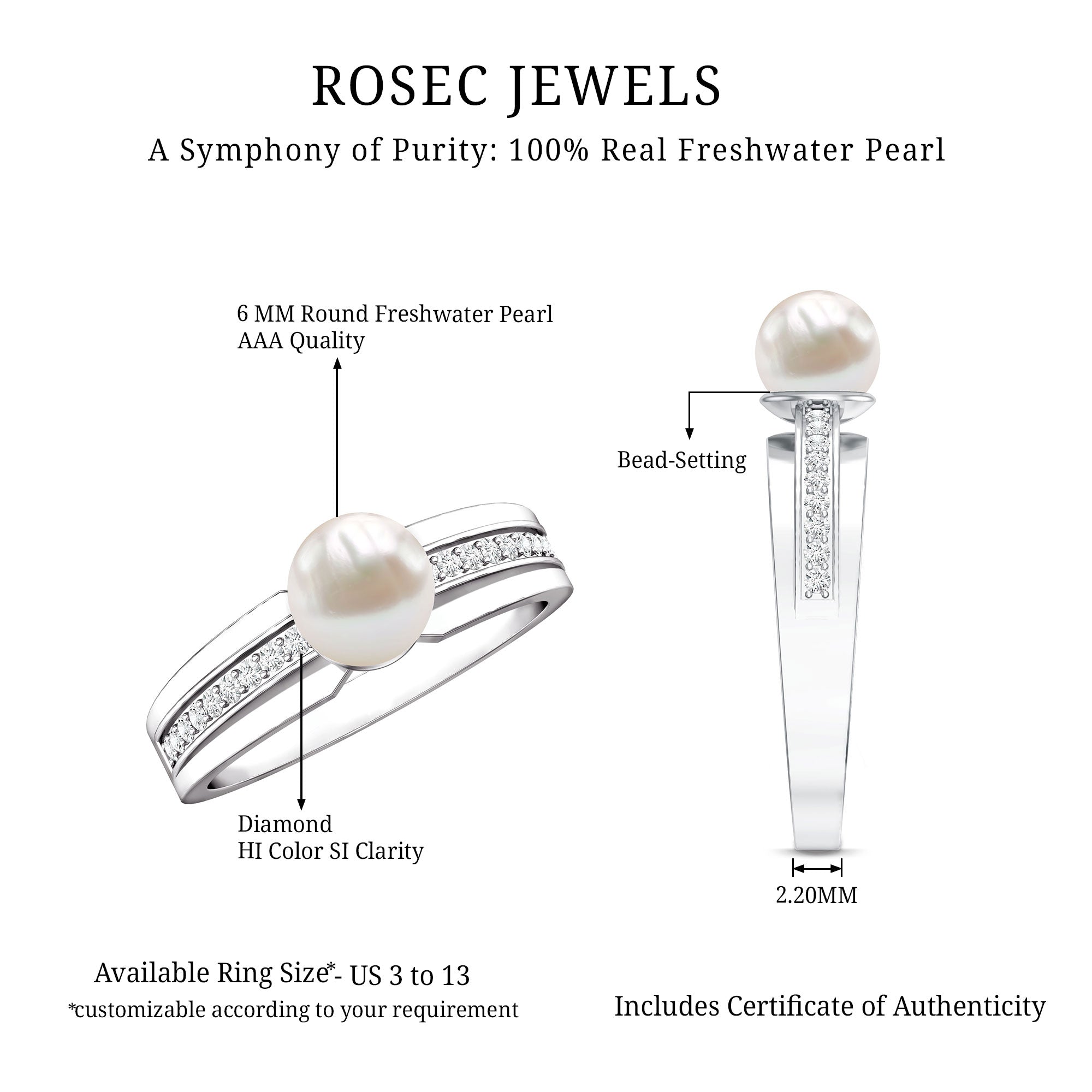 2 Carat Freshwater Pearl Engagement Ring with Diamond for Women AAA - Rosec Jewels