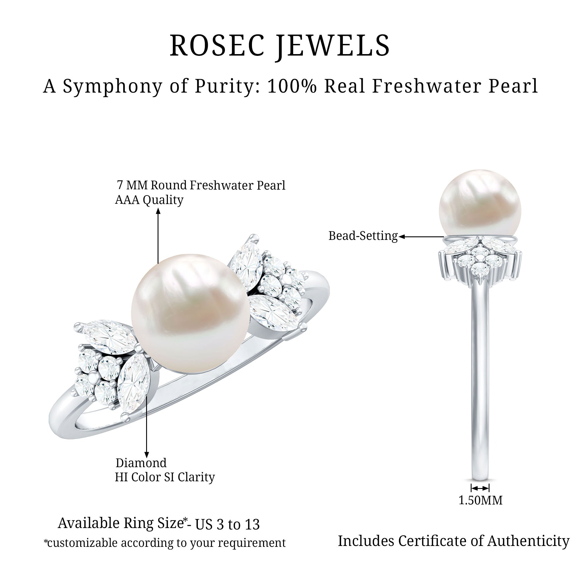 Nature Inspired 3 Carat Freshwater Pearl Engagement Ring with Diamond AAA - Rosec Jewels