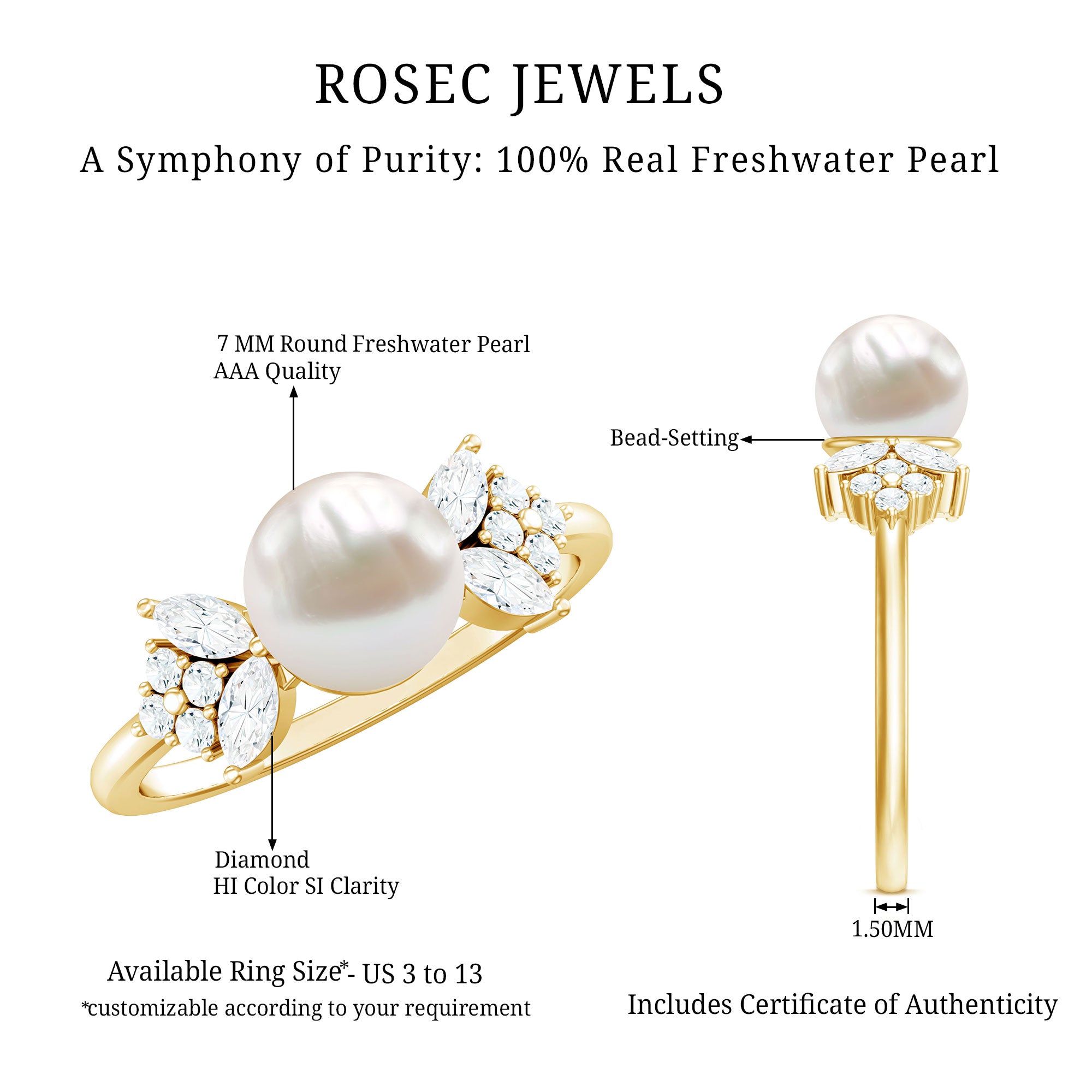 Nature Inspired 3 Carat Freshwater Pearl Engagement Ring with Diamond AAA - Rosec Jewels