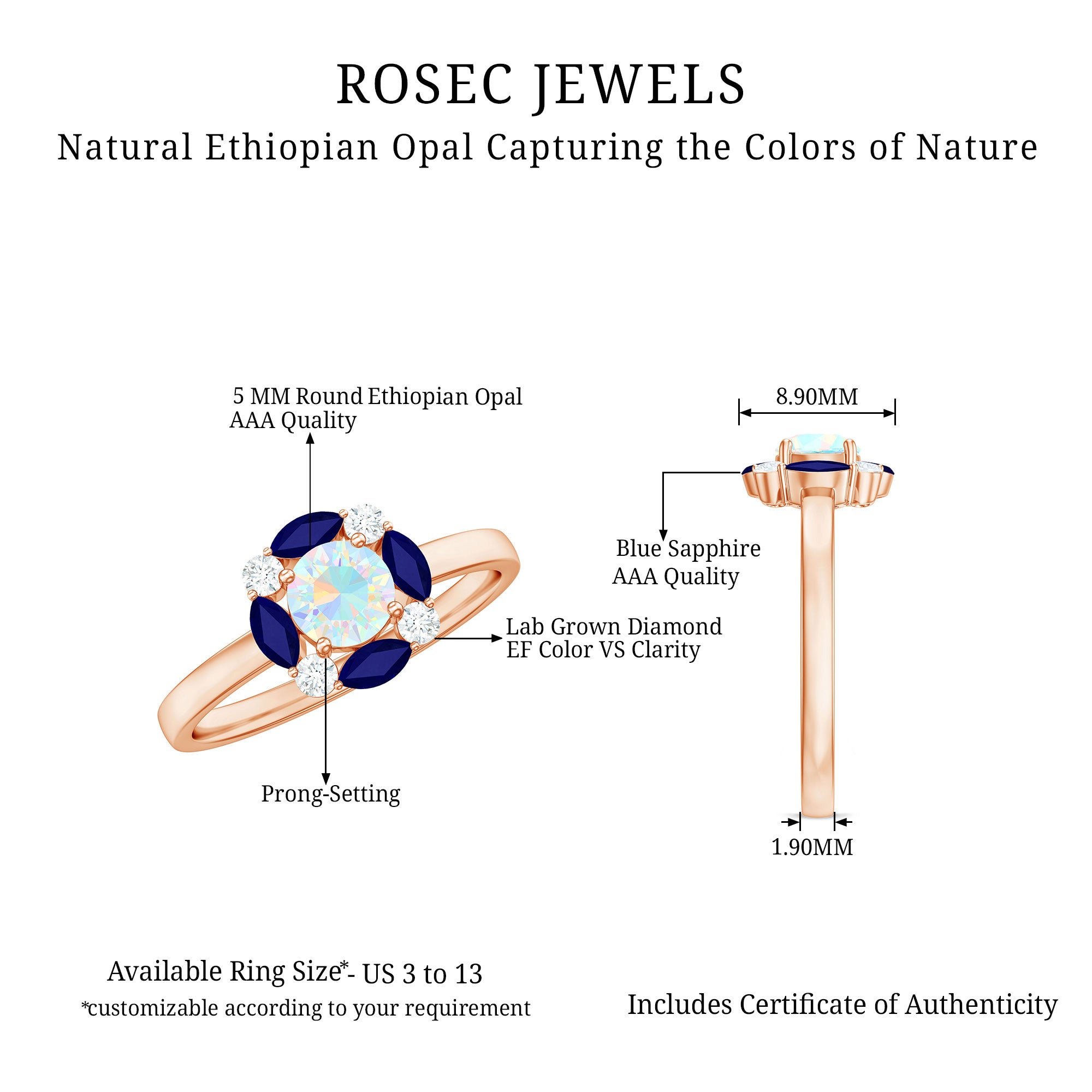 Natural Ethiopian Opal and Sapphire Designer Ring AAA - Rosec Jewels