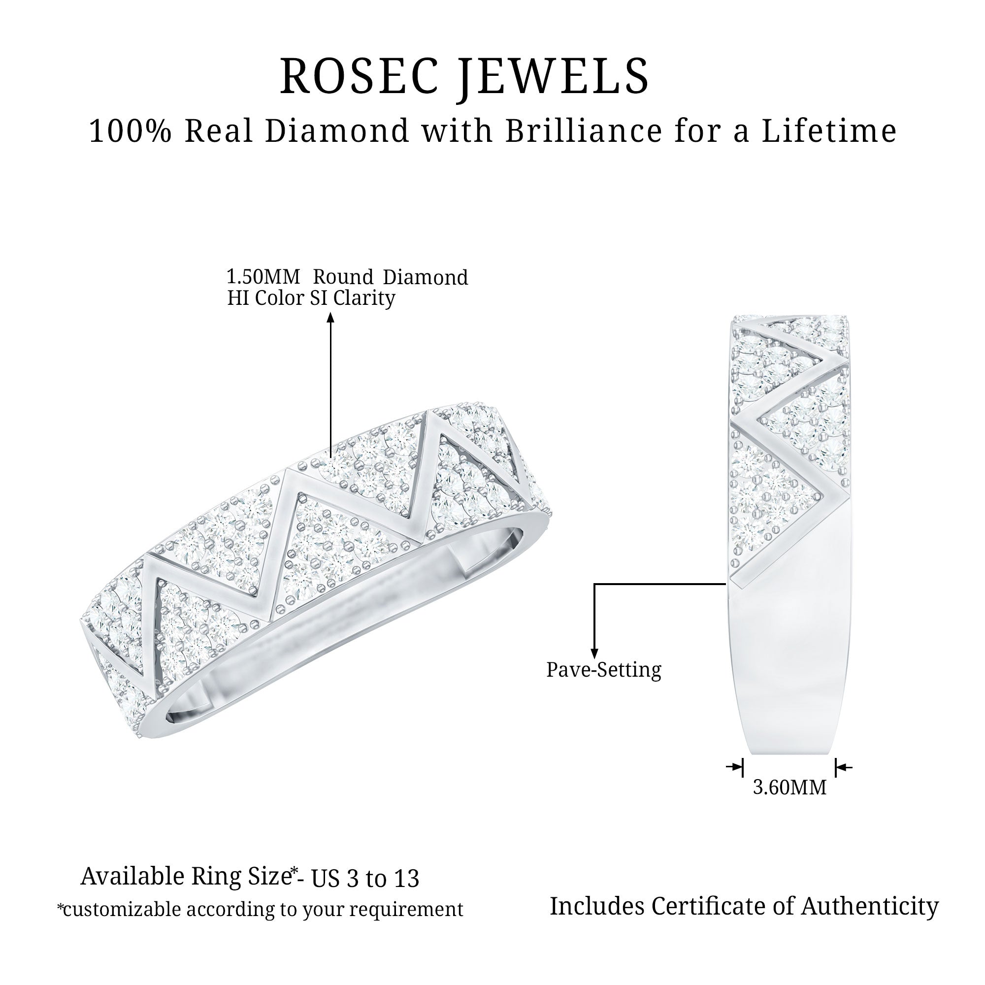 Certified Diamond Designer Wedding Band Ring Natural - ( HI-SI ) - Rosec Jewels