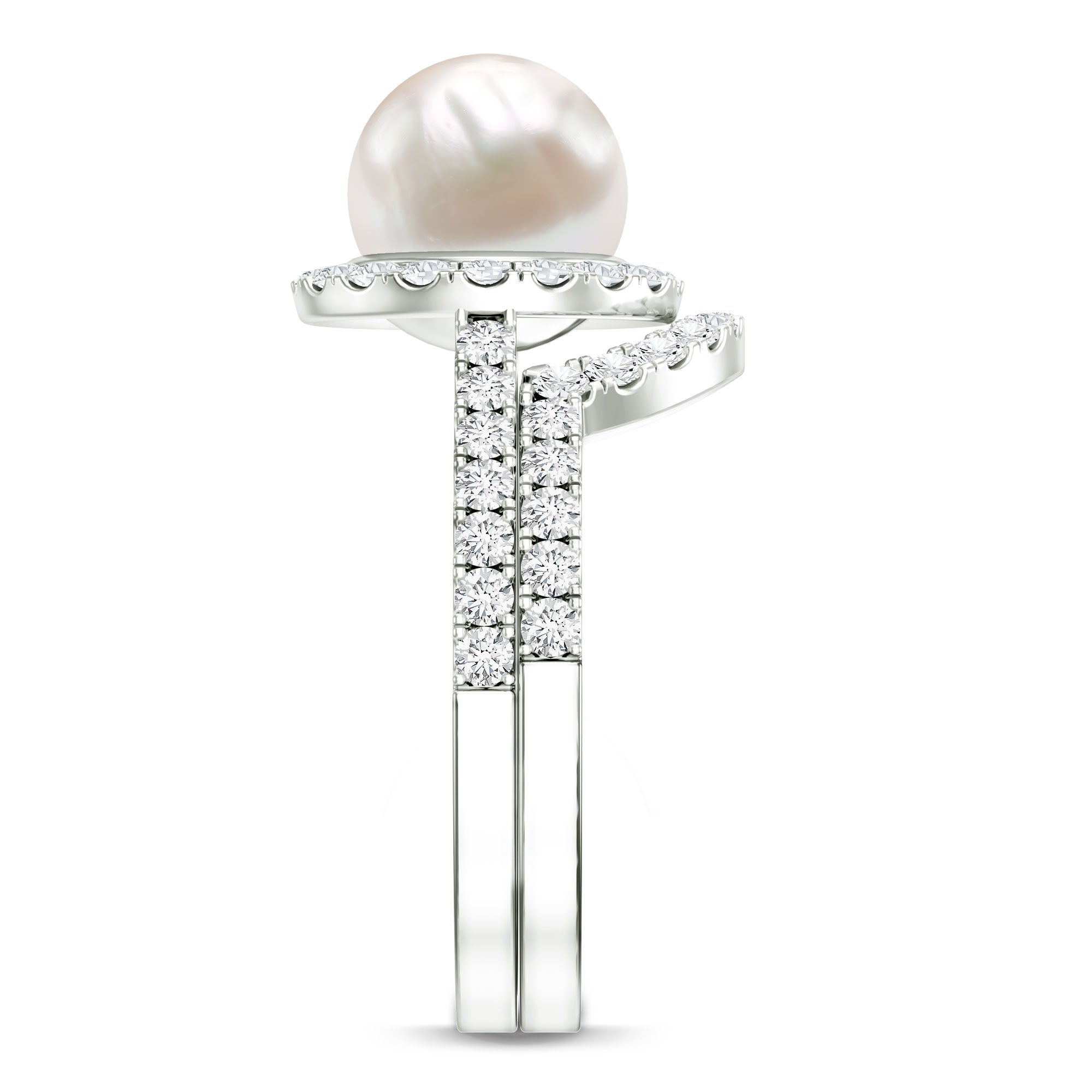 Cultured 7 mm Freshwater Pearl Engagement Ring with Diamond Wedding Band AAA - Rosec Jewels