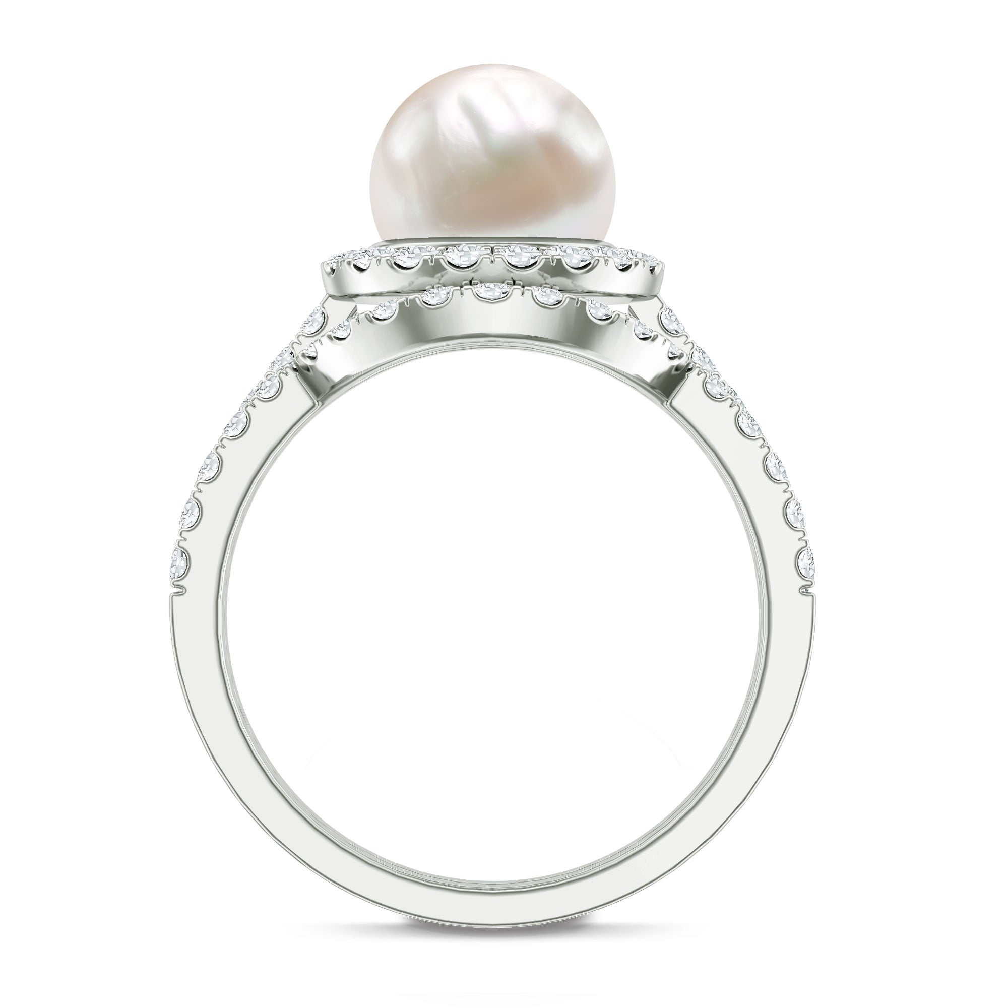 Cultured 7 mm Freshwater Pearl Engagement Ring with Diamond Wedding Band AAA - Rosec Jewels