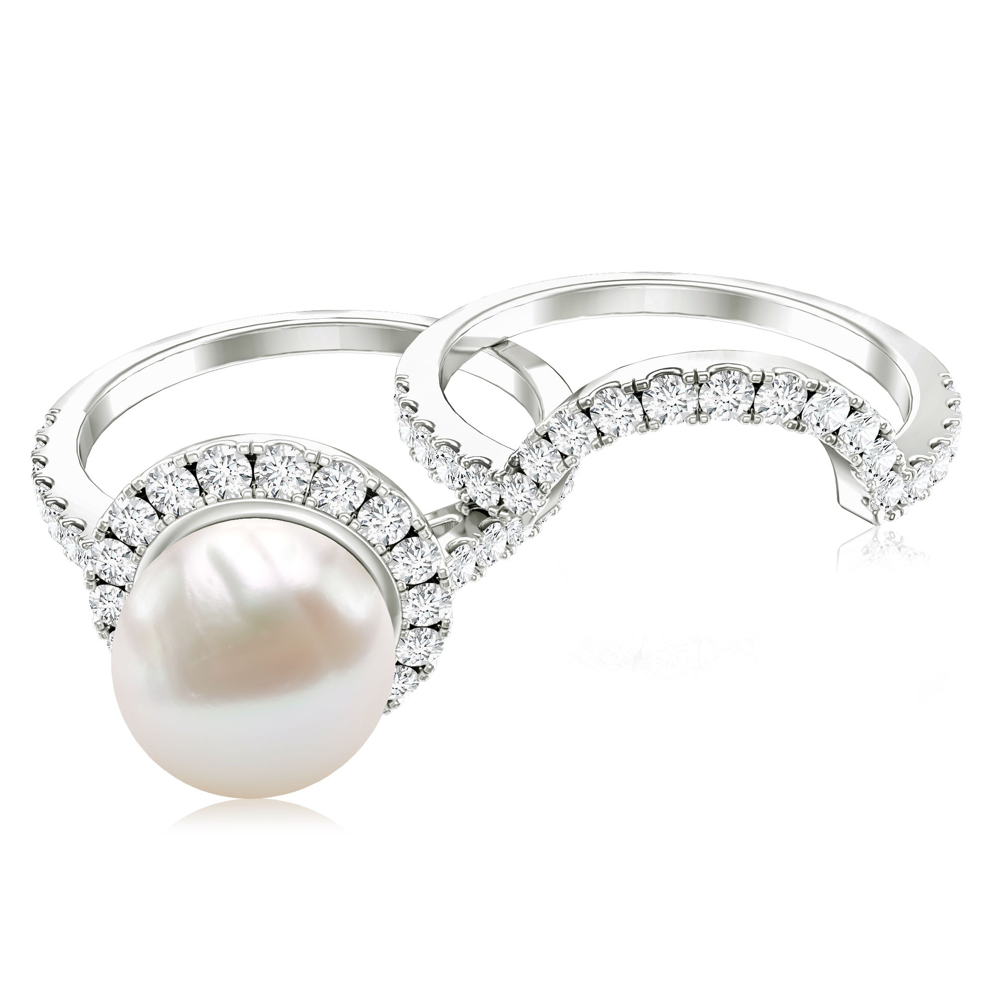 Cultured 7 mm Freshwater Pearl Engagement Ring with Diamond Wedding Band AAA - Rosec Jewels