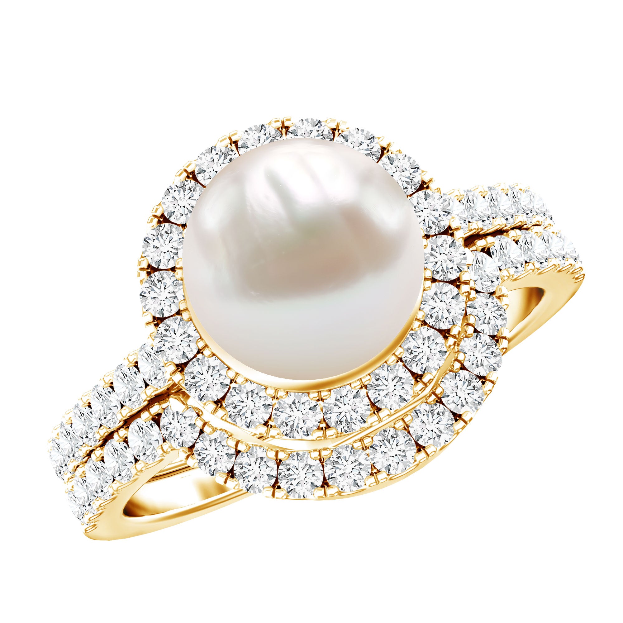Cultured 7 mm Freshwater Pearl Engagement Ring with Diamond Wedding Band AAA - Rosec Jewels