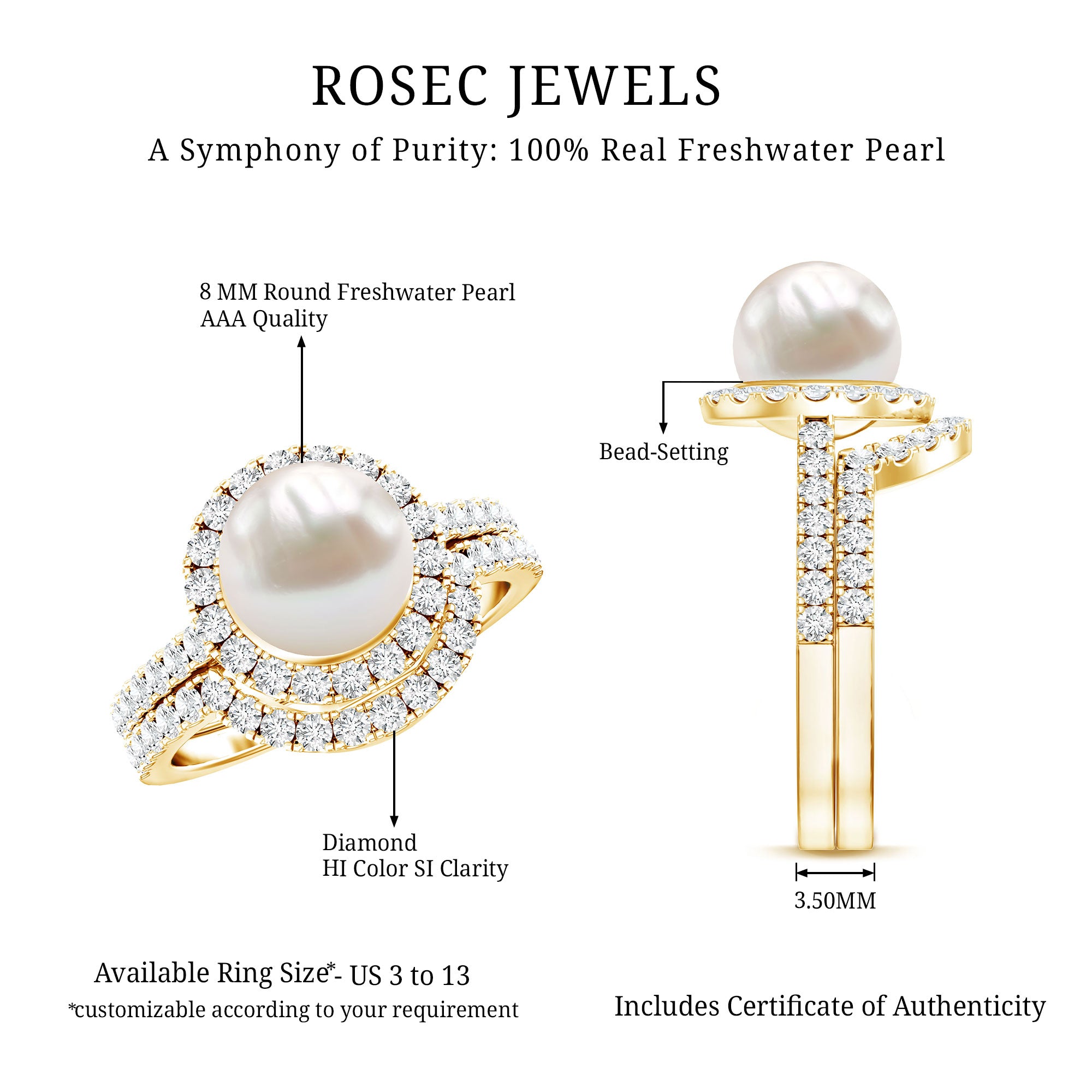Cultured 7 mm Freshwater Pearl Engagement Ring with Diamond Wedding Band AAA - Rosec Jewels