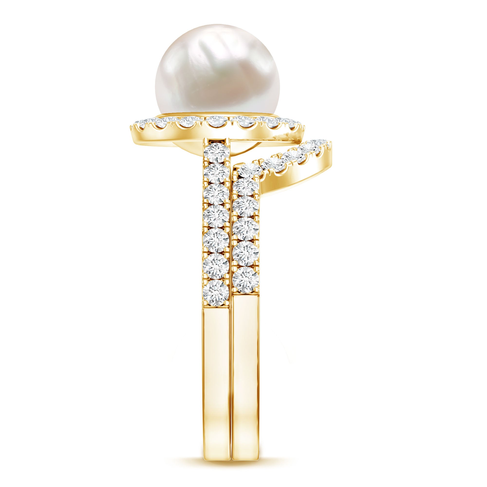 Cultured 7 mm Freshwater Pearl Engagement Ring with Diamond Wedding Band AAA - Rosec Jewels