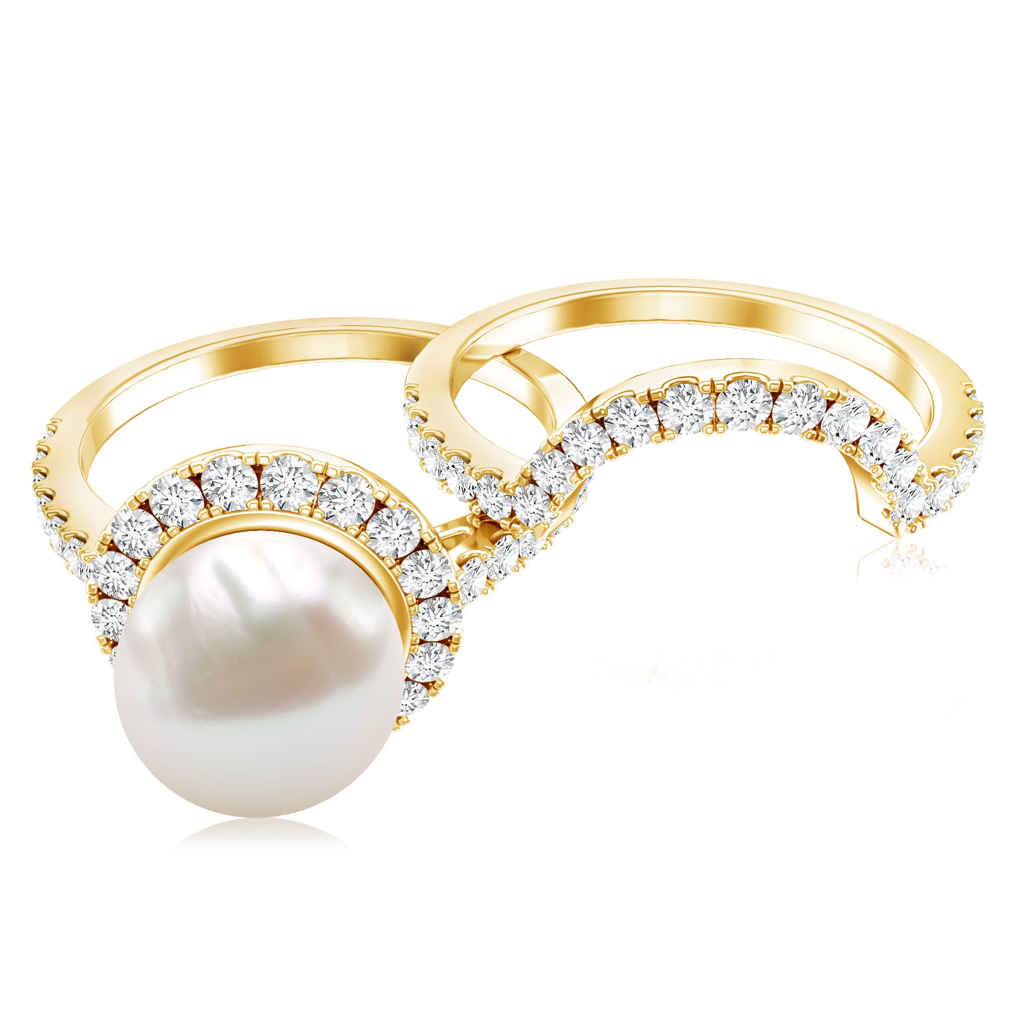 Cultured 7 mm Freshwater Pearl Engagement Ring with Diamond Wedding Band AAA - Rosec Jewels