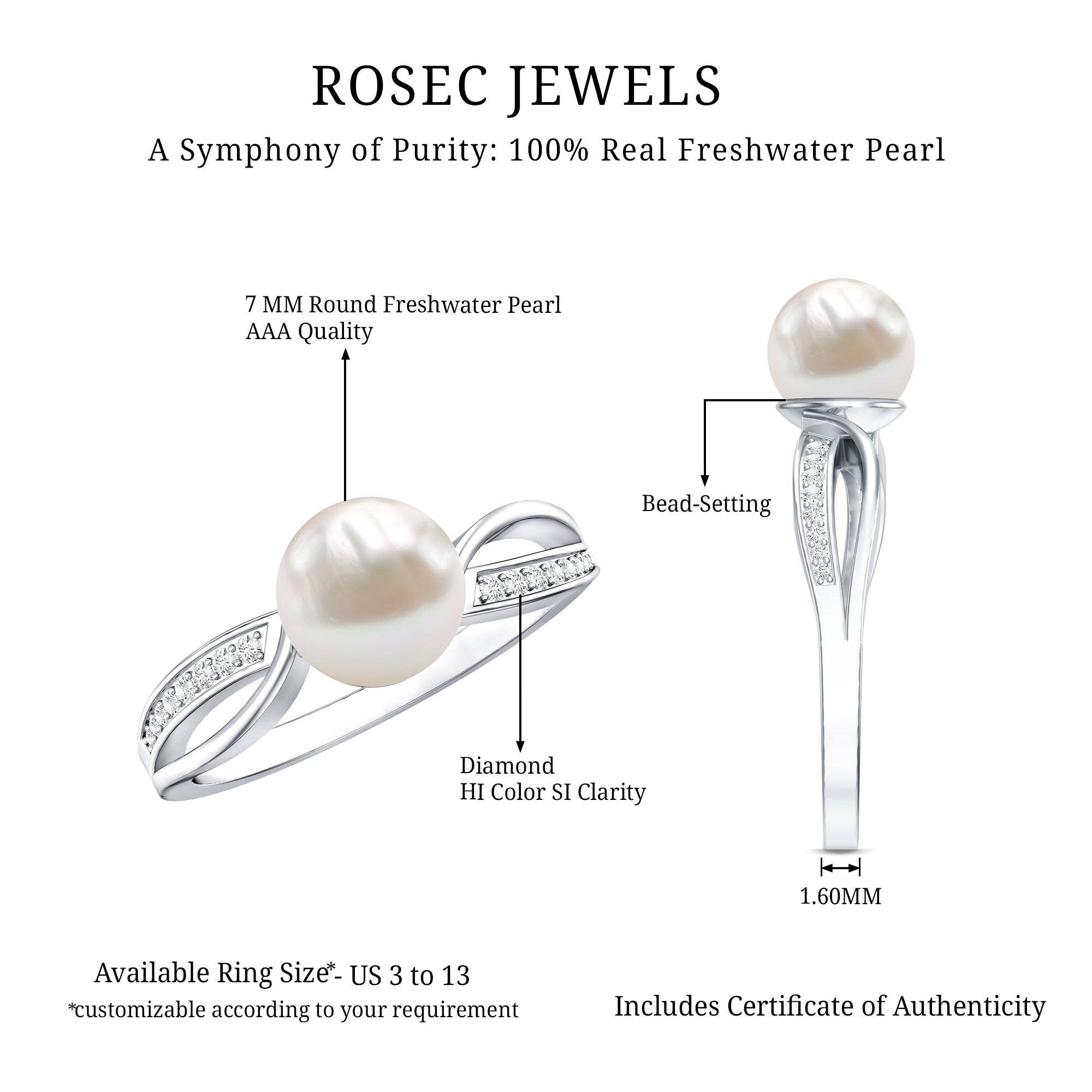 Cultured 3 Carat Freshwater Pearl Engagement Ring with Diamond AAA - Rosec Jewels