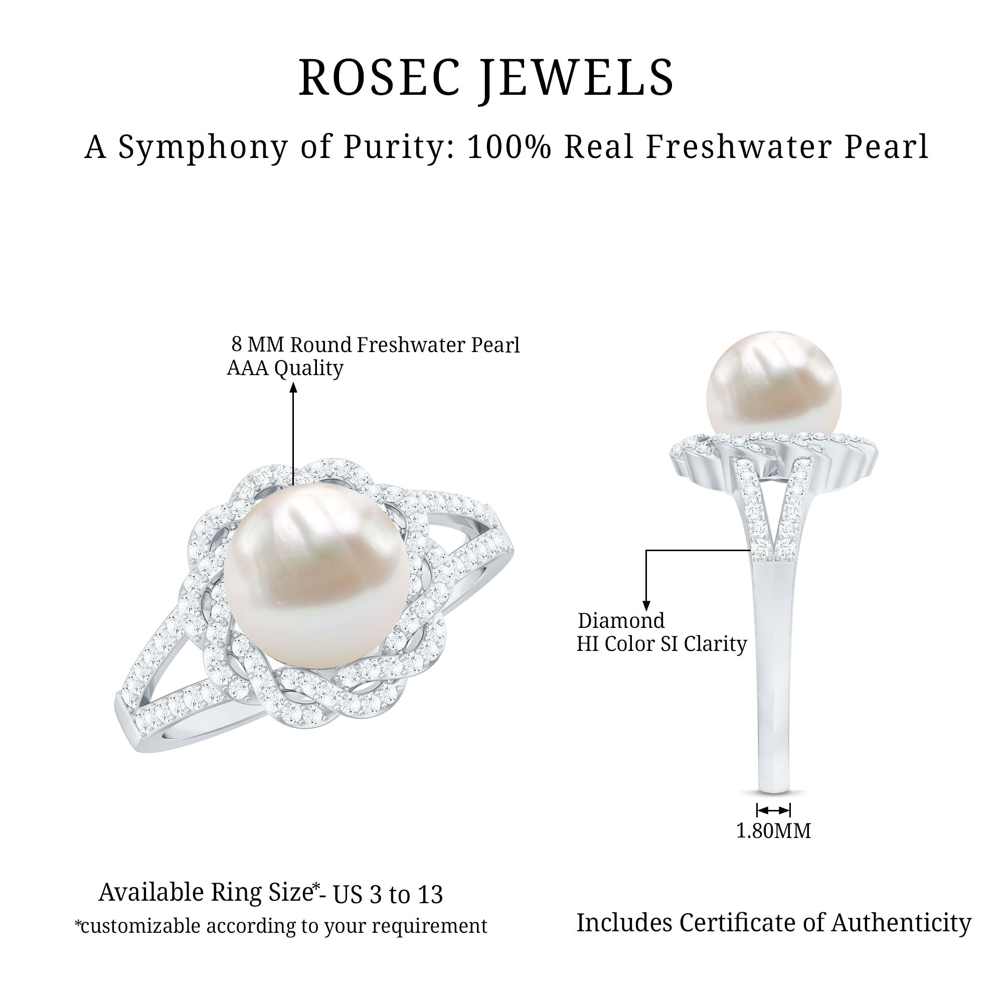 Rosec Jewels-Split Shank Freshwater Pearl and Diamond Braided Statement Ring
