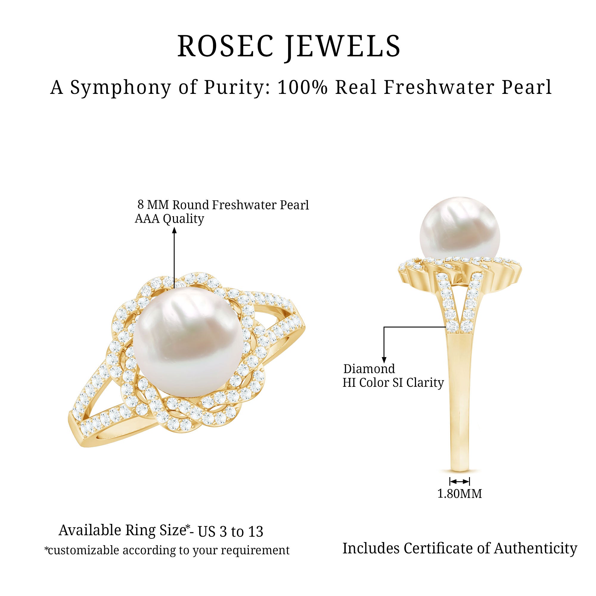 Rosec Jewels-Split Shank Freshwater Pearl and Diamond Braided Statement Ring