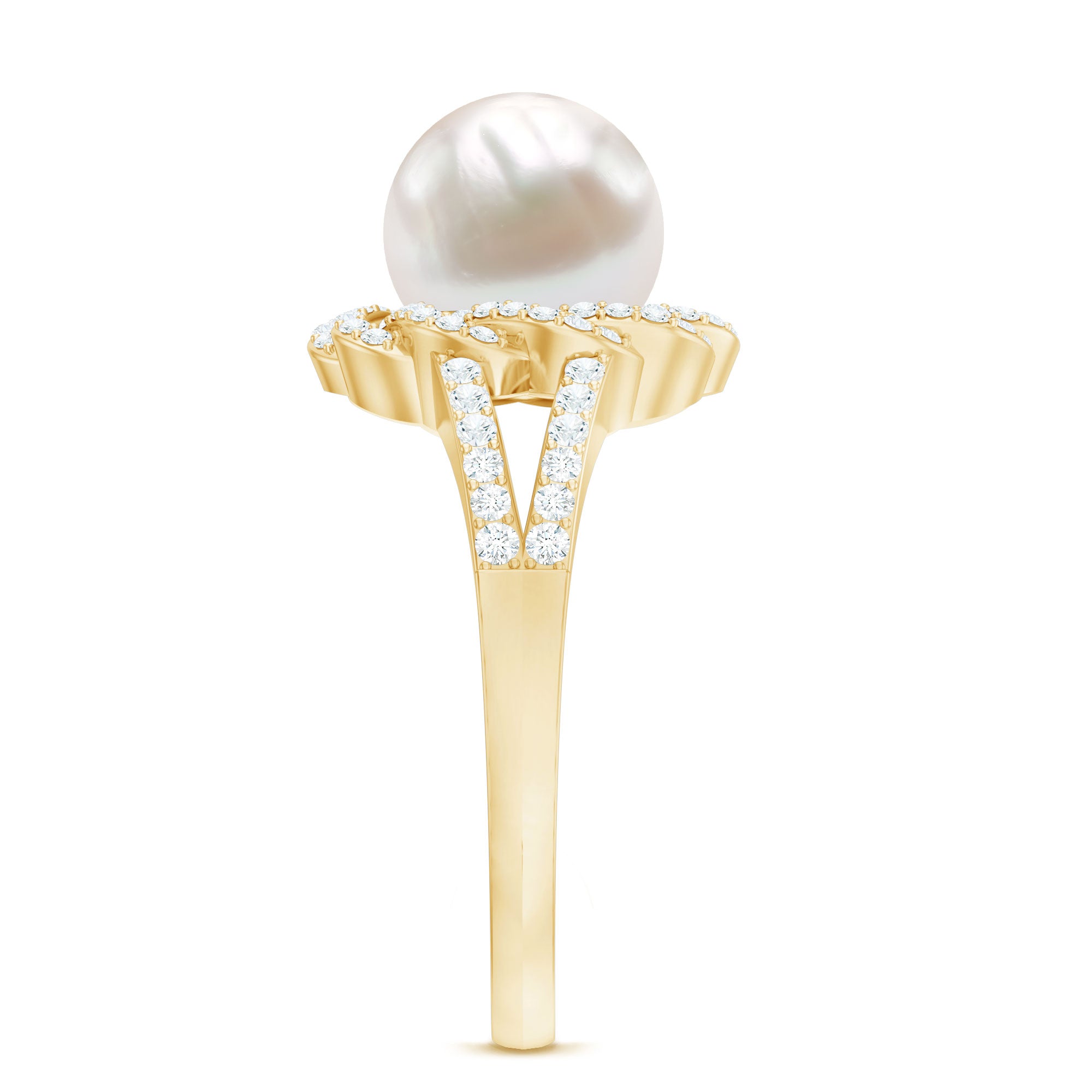 Rosec Jewels-Split Shank Freshwater Pearl and Diamond Braided Statement Ring