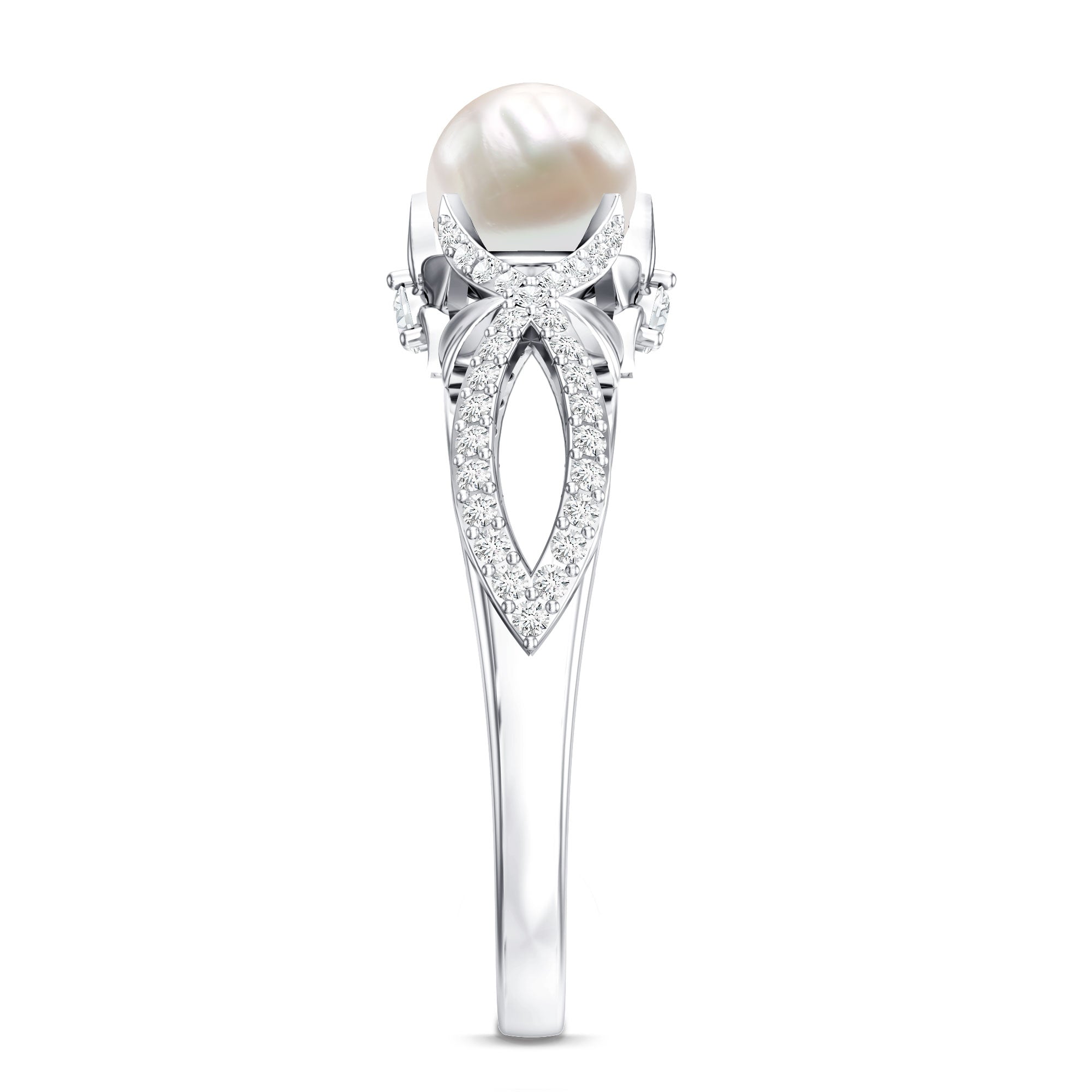 Cultured 2 Carat Freshwater Pearl Solitaire Engagement Ring with Diamond Crossover Shank AAA - Rosec Jewels