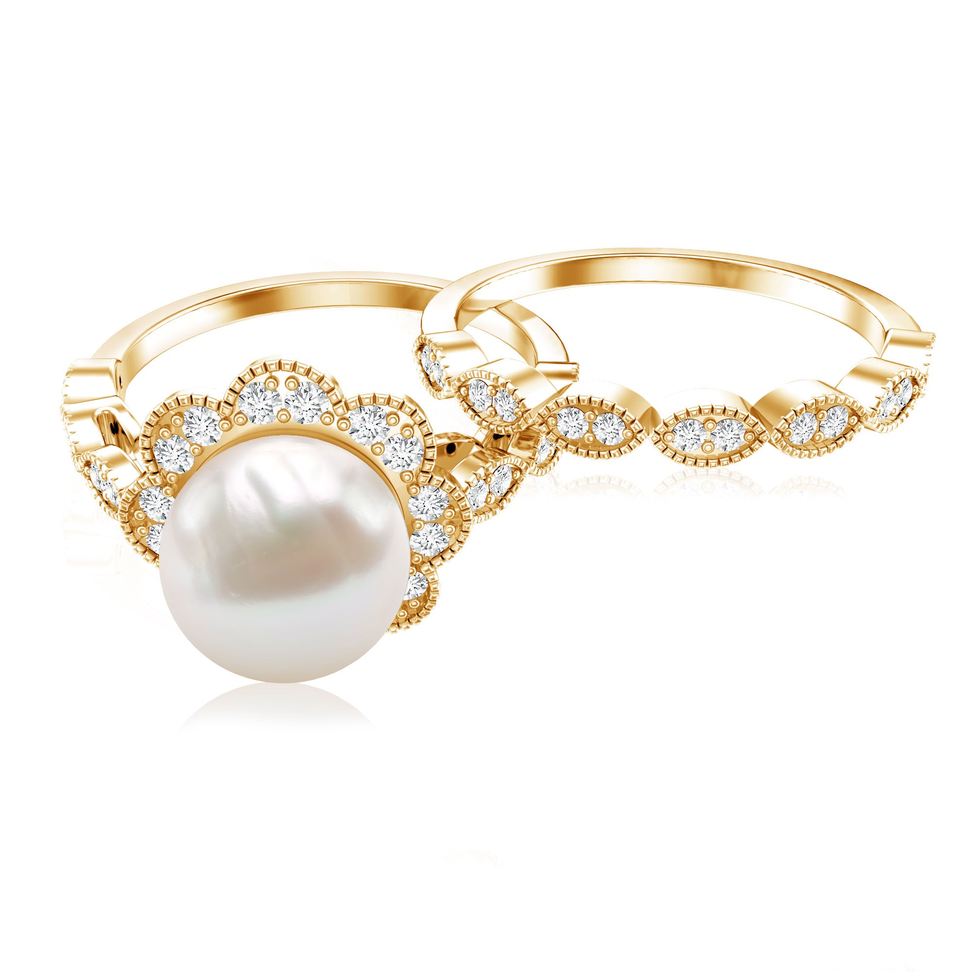 Freshwater Pearl and Diamond Wedding Ring Set AAA - Rosec Jewels
