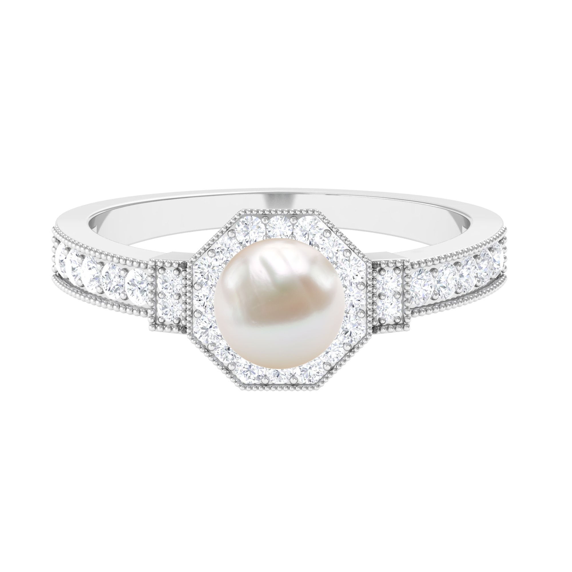 Art Deco Inspired 2 Carat Freshwater Pearl Engagement Ring with Diamond Halo AAA - Rosec Jewels