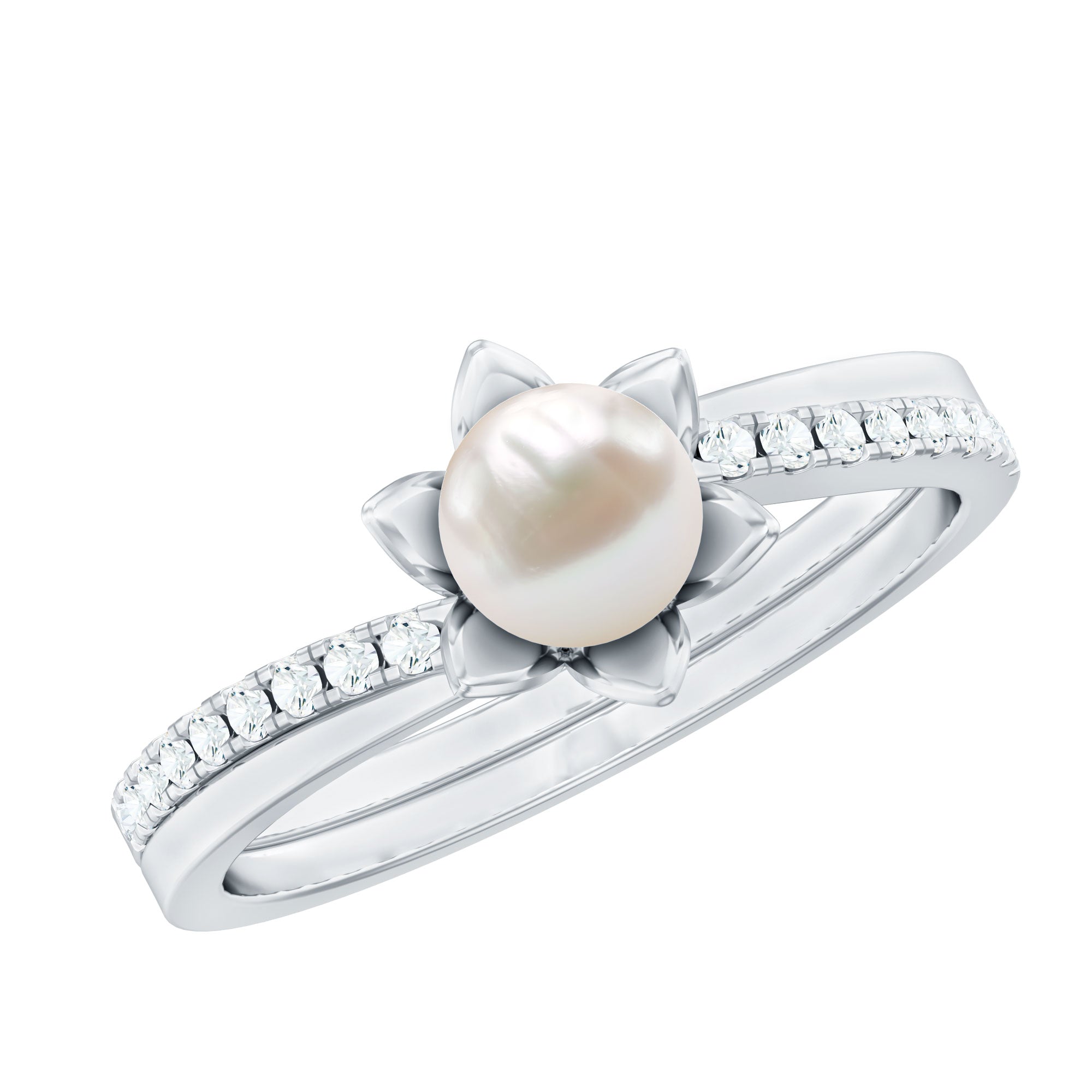 2 Carat Freshwater Pearl and Diamond Flower Engagement Ring AAA - Rosec Jewels