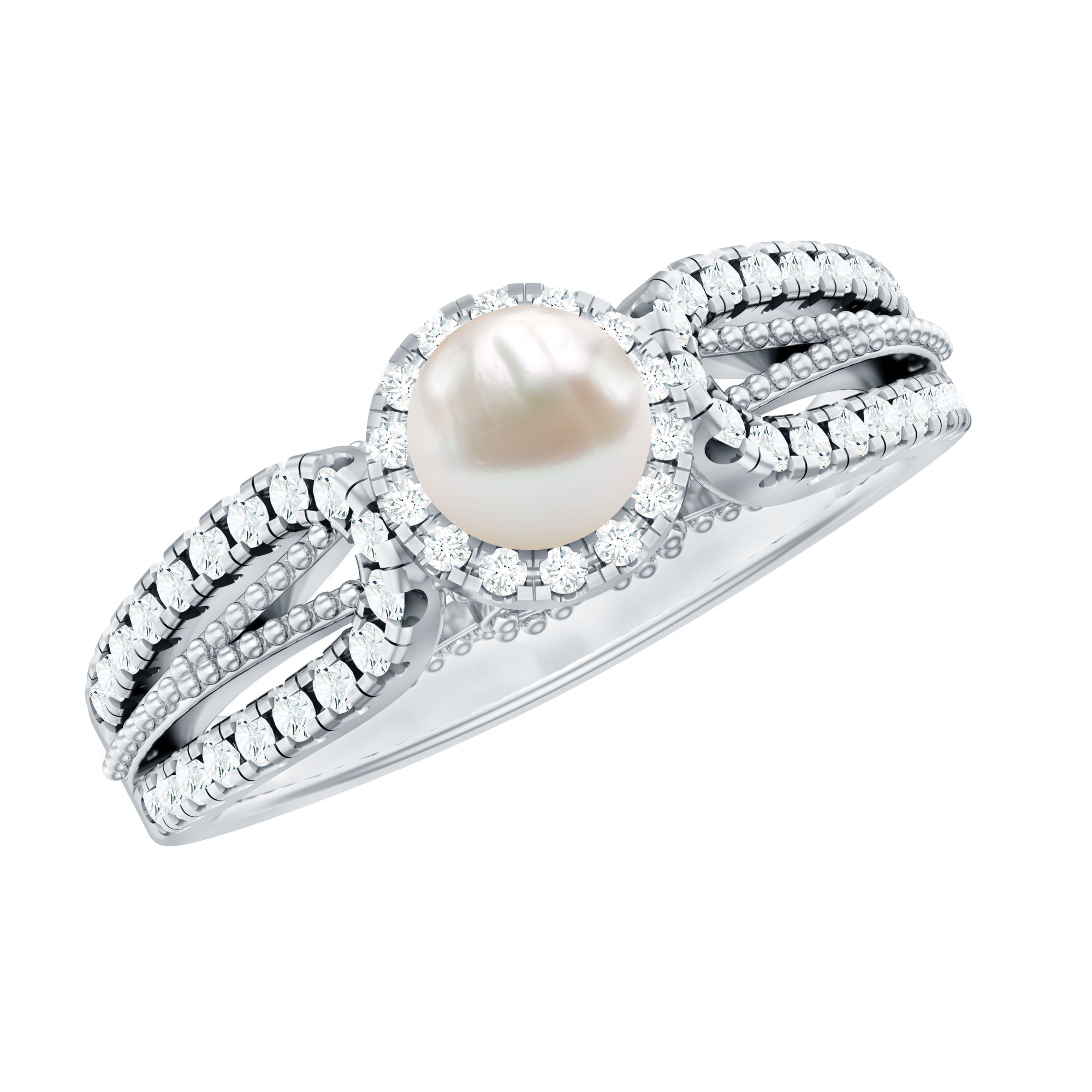 Rosec Jewels-2.50 CT Freshwater Pearl and Diamond Engagement Ring with Beaded Gold