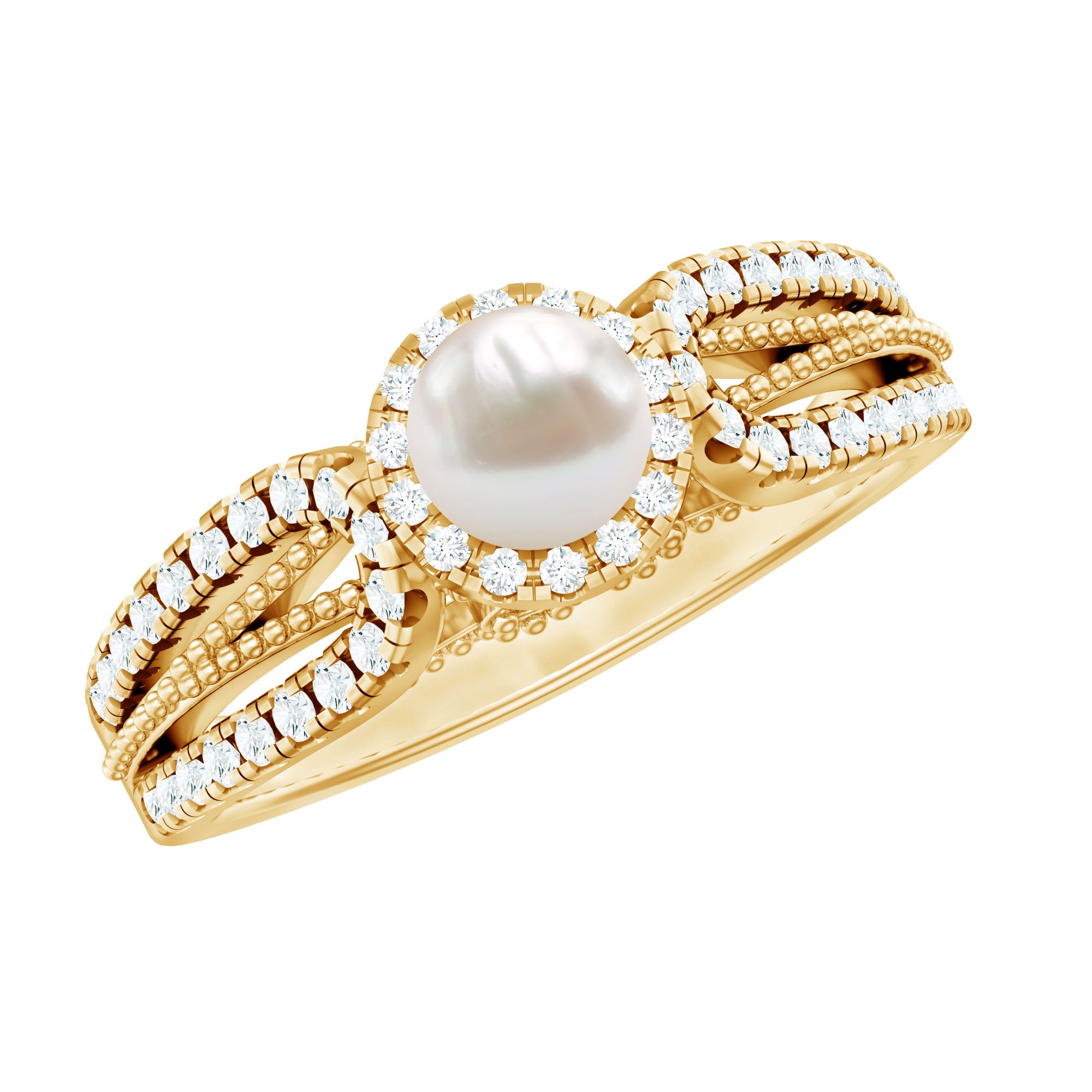 Rosec Jewels-2.50 CT Freshwater Pearl and Diamond Engagement Ring with Beaded Gold