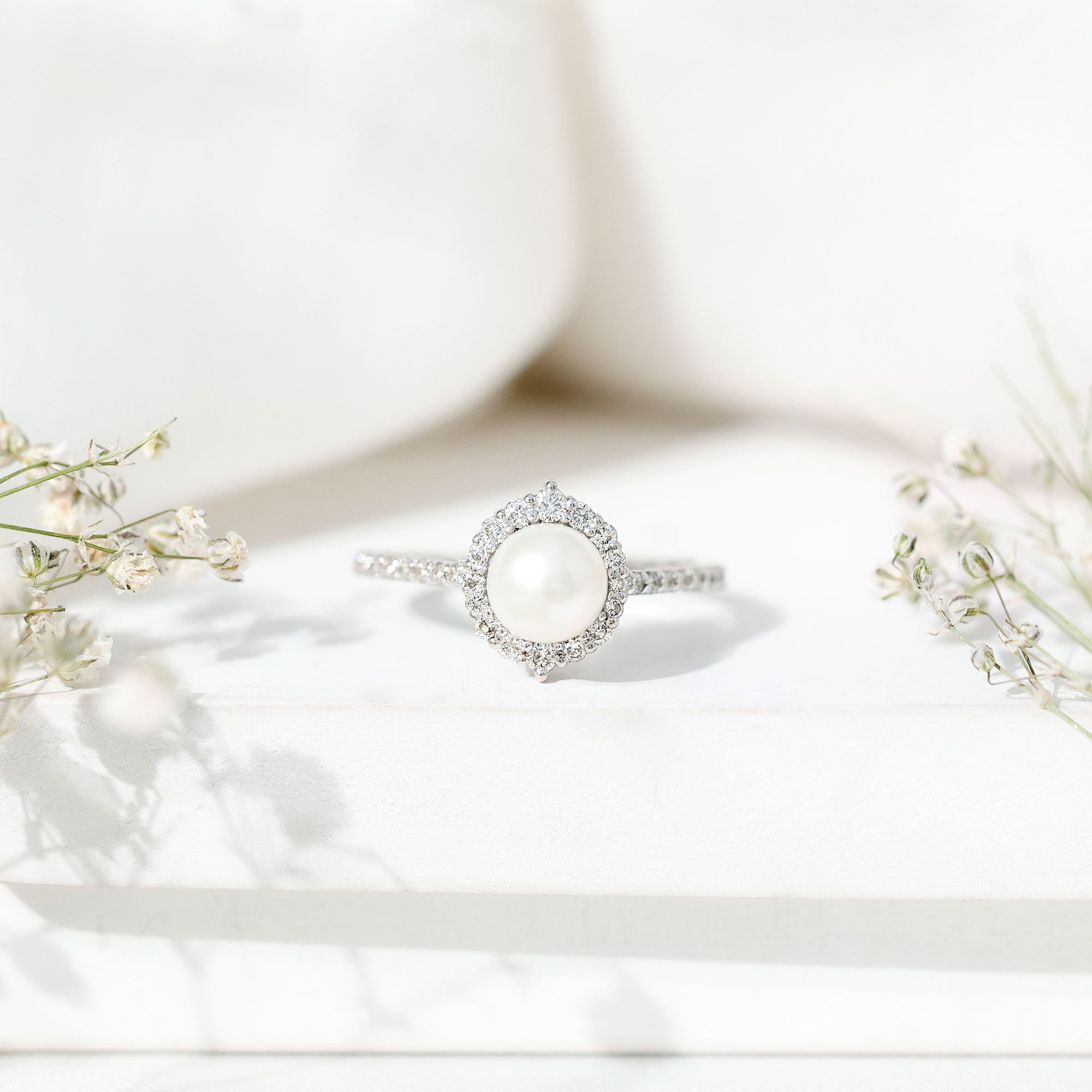 Rosec Jewels-Freshwater Pearl and Diamond Halo Engagement Ring