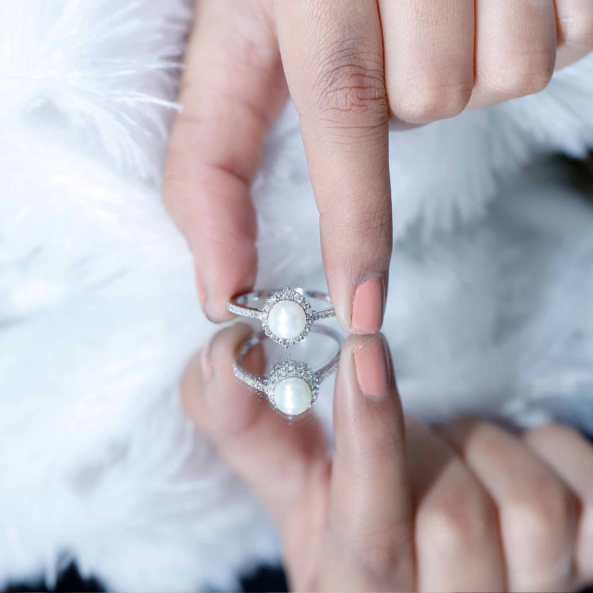 Rosec Jewels-Freshwater Pearl and Diamond Halo Engagement Ring
