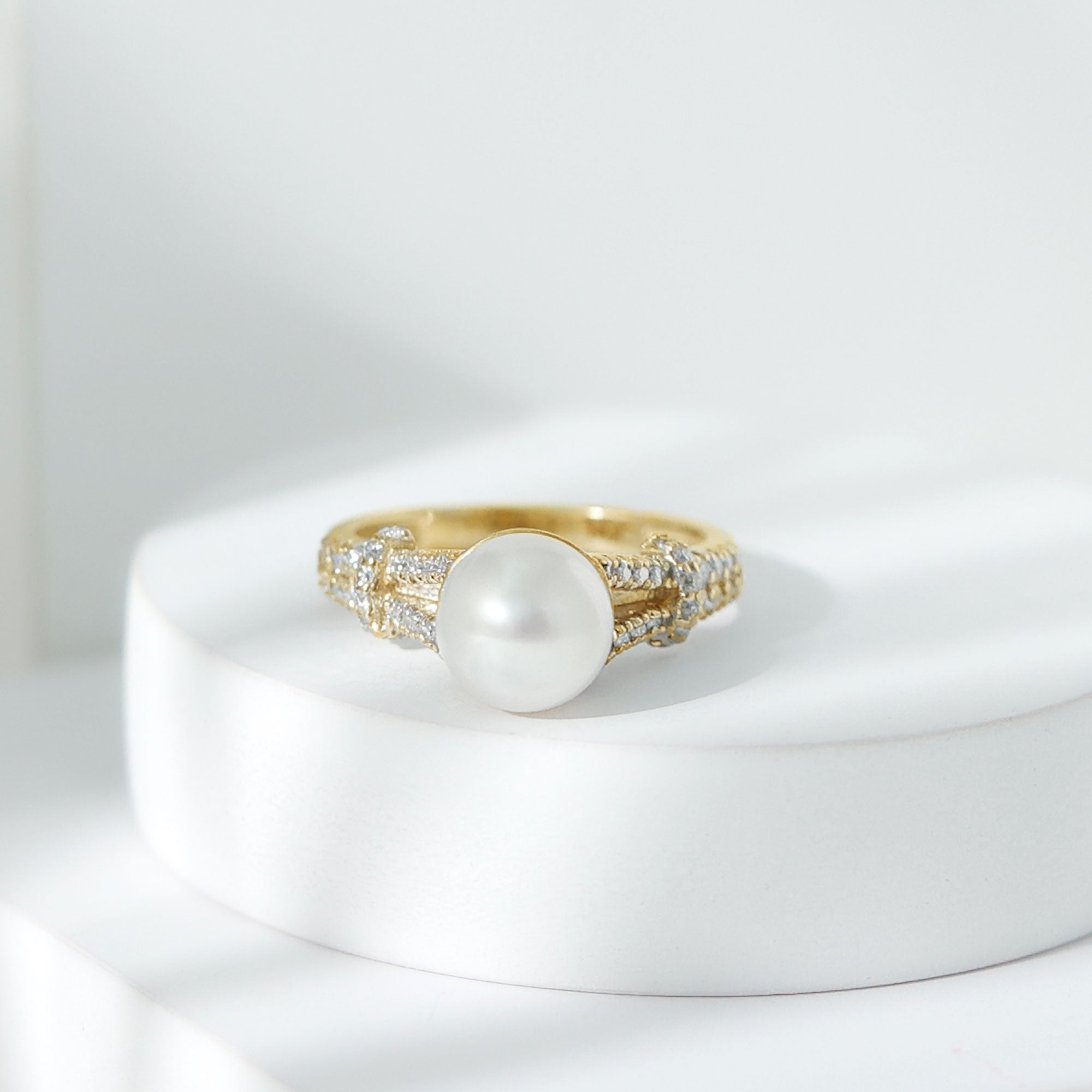 Rosec Jewels-Cultured 7.4 Carat Freshwater Pearl Engagement Ring with Lab Diamonds